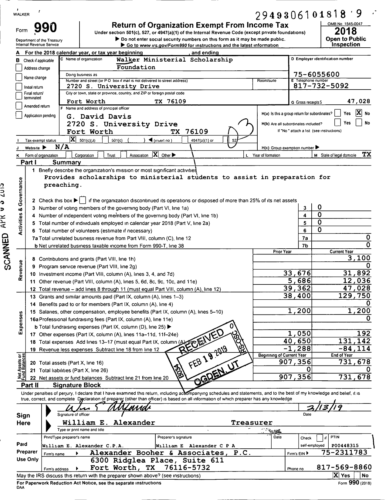 Image of first page of 2018 Form 990 for Walker Ministerial Scholarship Foundation