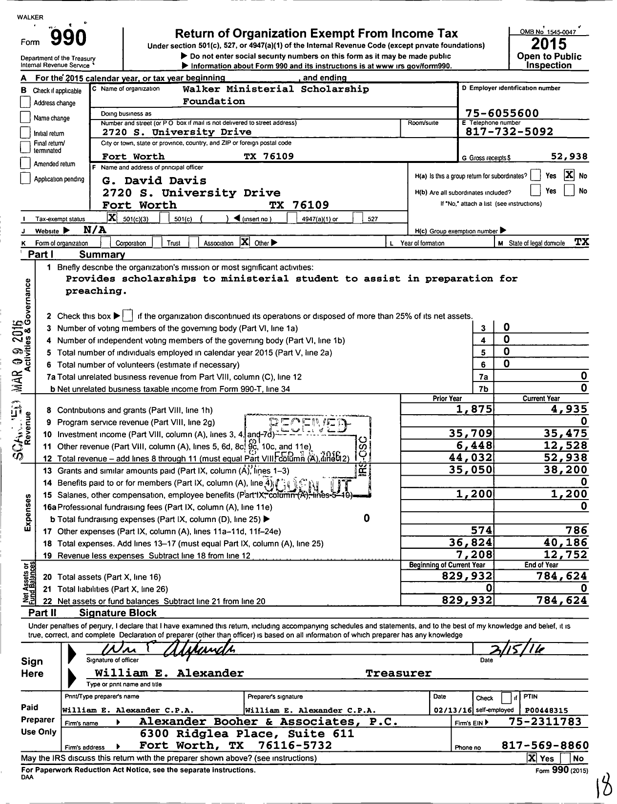 Image of first page of 2015 Form 990 for Walker Ministerial Scholarship Foundation