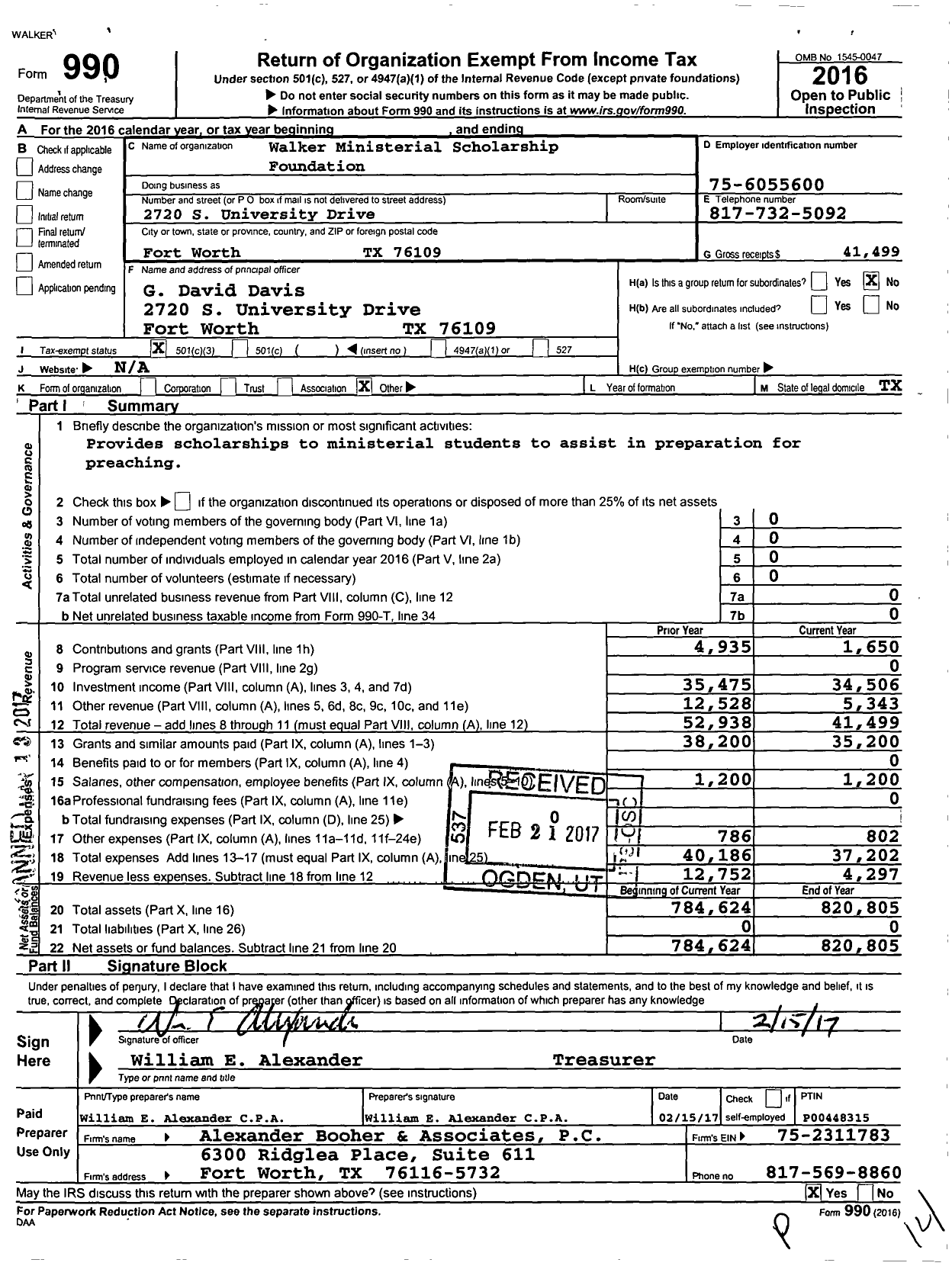 Image of first page of 2016 Form 990 for Walker Ministerial Scholarship Foundation