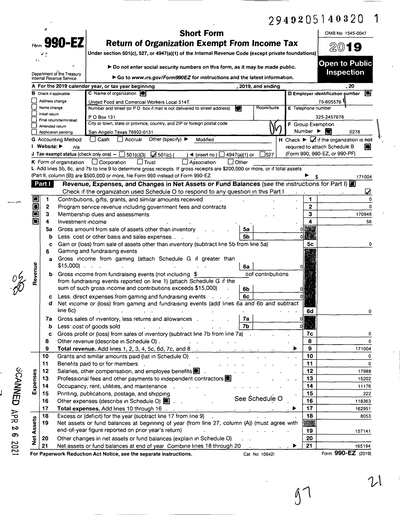 Image of first page of 2019 Form 990EO for UNITED Food & COMMERCIAL Workers Union - 514T Local