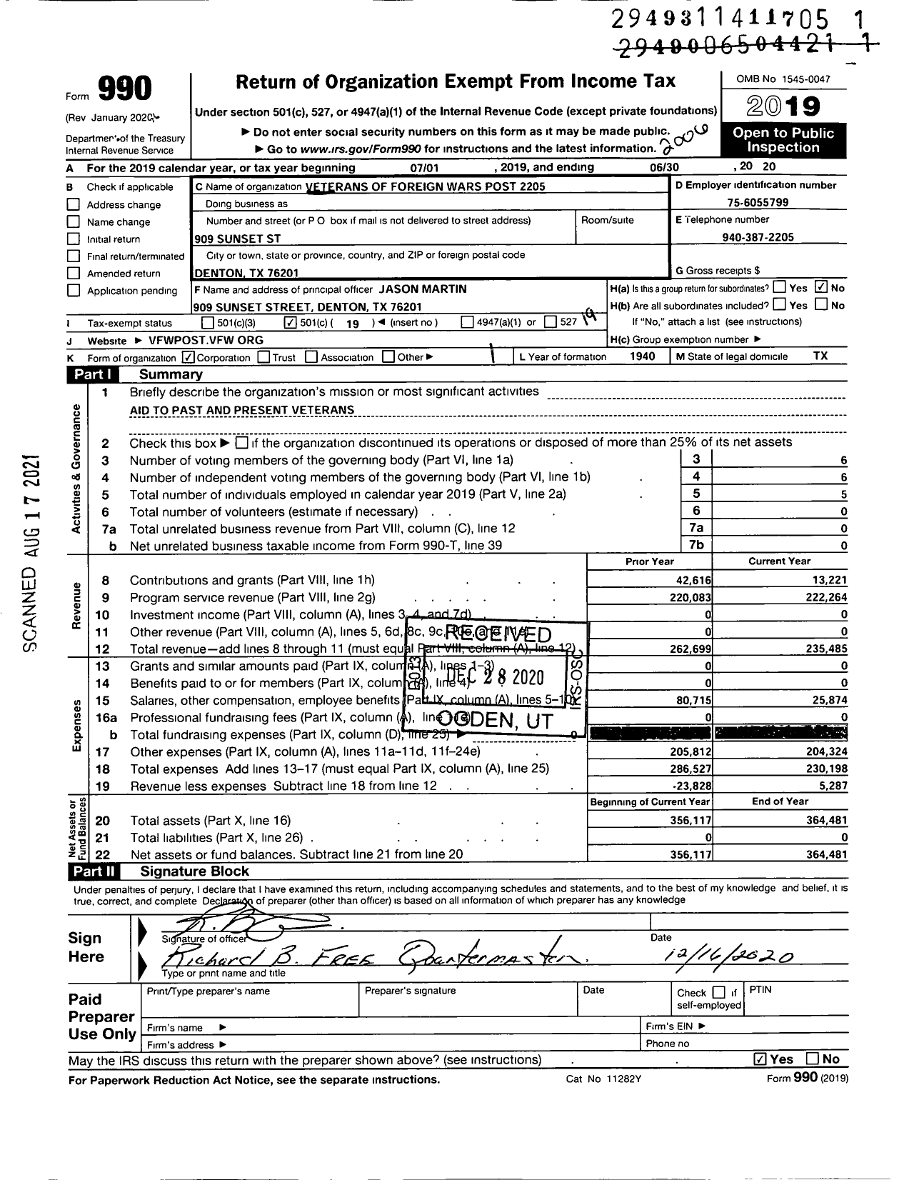 Image of first page of 2019 Form 990O for Texas VFW - 2205 Phil Miller