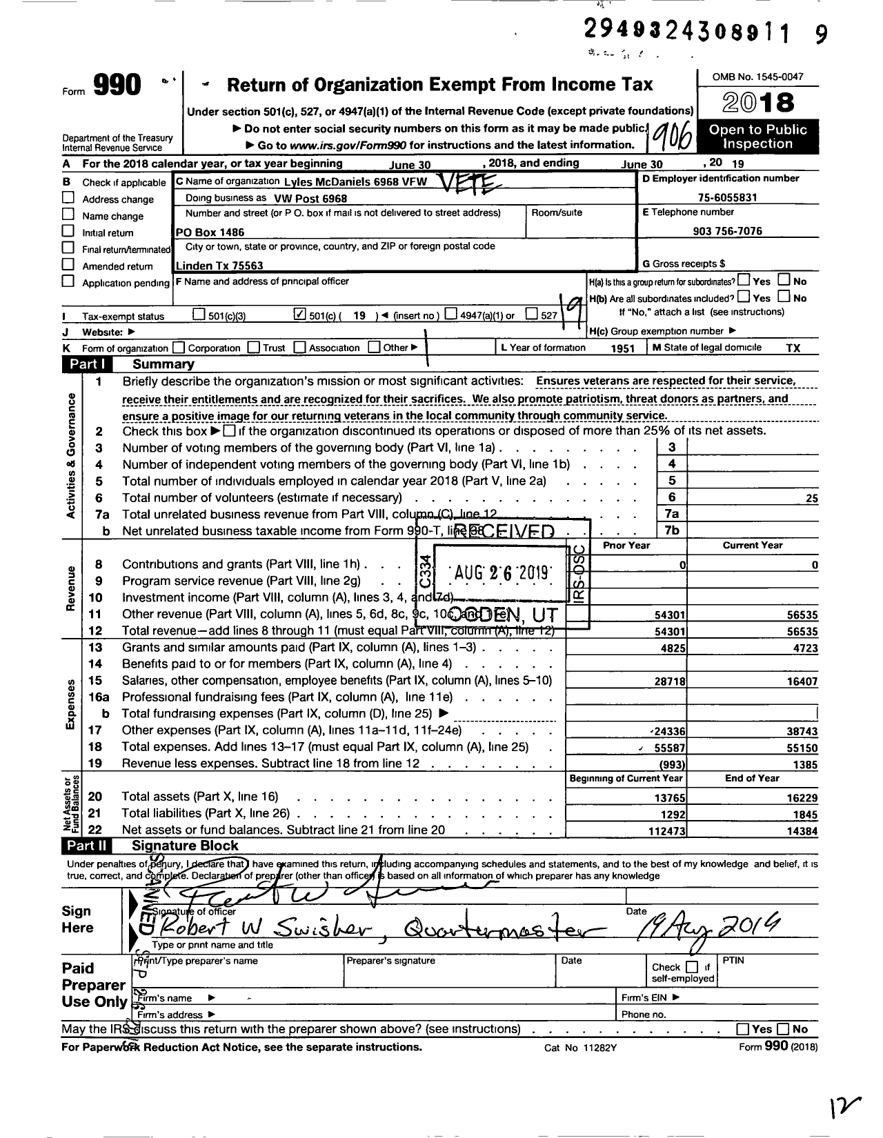 Image of first page of 2018 Form 990O for Texas VFW - 6968 Lyles Mcdaniel