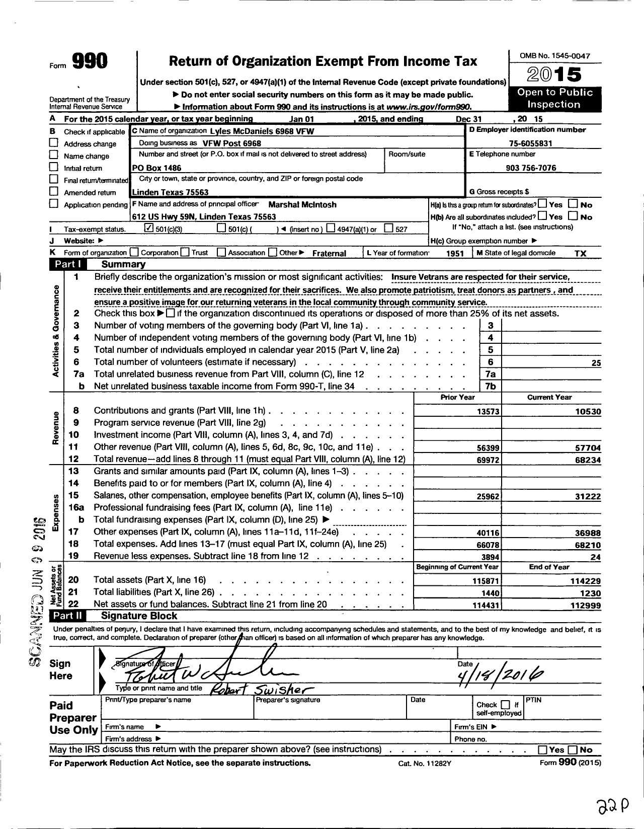 Image of first page of 2015 Form 990 for Texas VFW - 6968 Lyles Mcdaniel