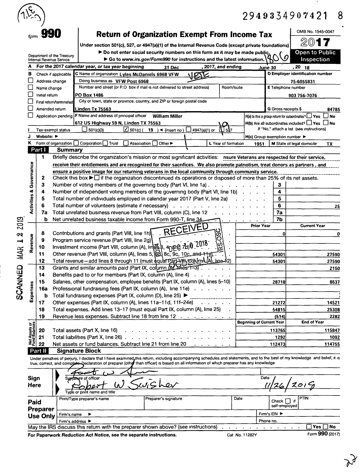 Image of first page of 2017 Form 990O for Texas VFW - 6968 Lyles Mcdaniel