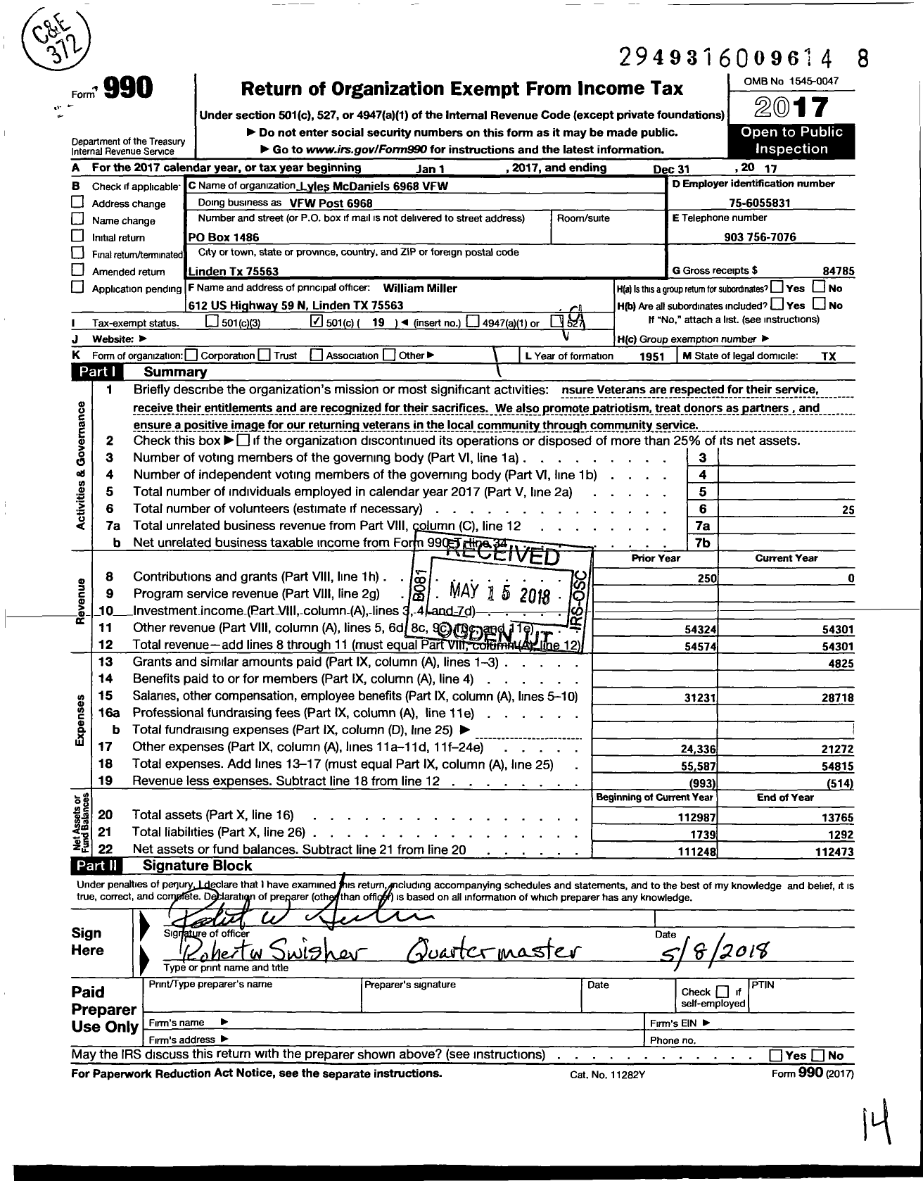 Image of first page of 2017 Form 990O for Texas VFW - 6968 Lyles Mcdaniel