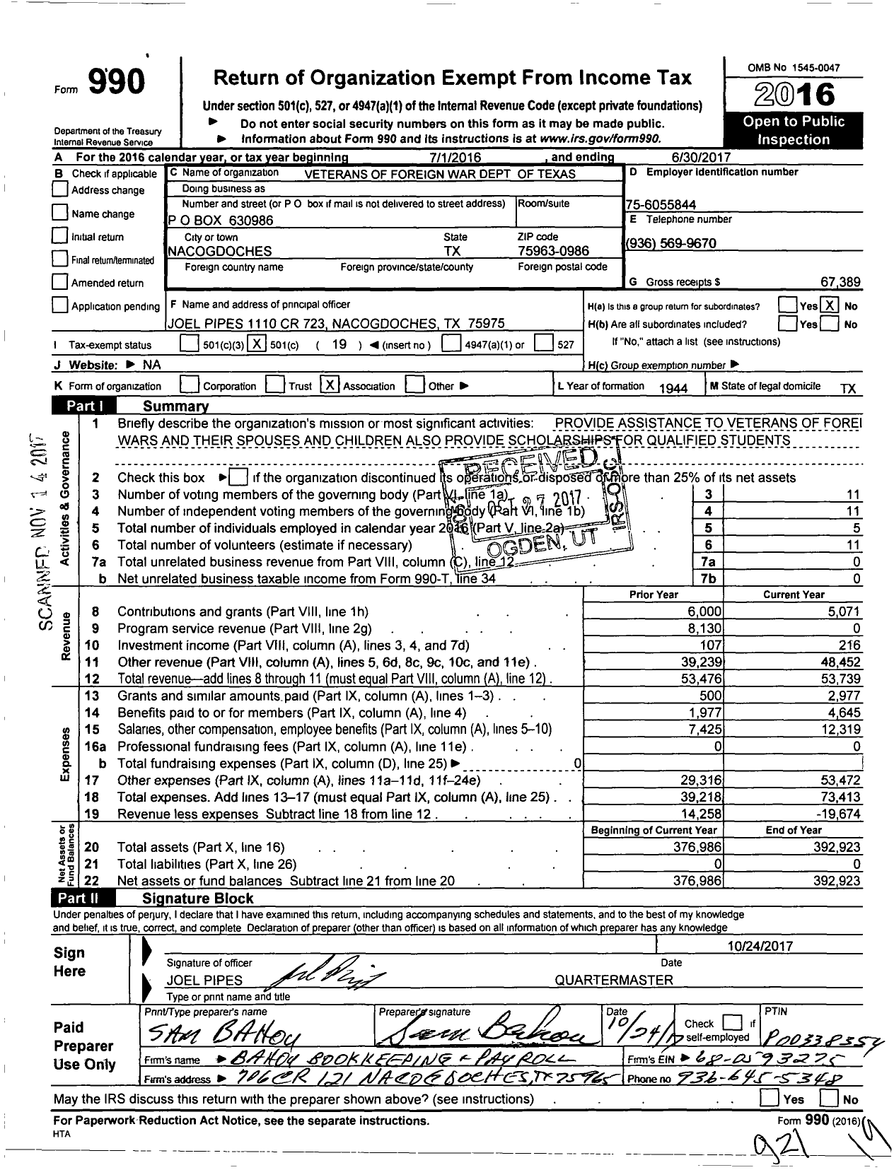 Image of first page of 2016 Form 990O for Texas VFW - 3893 Nacogdoches Memorial Post