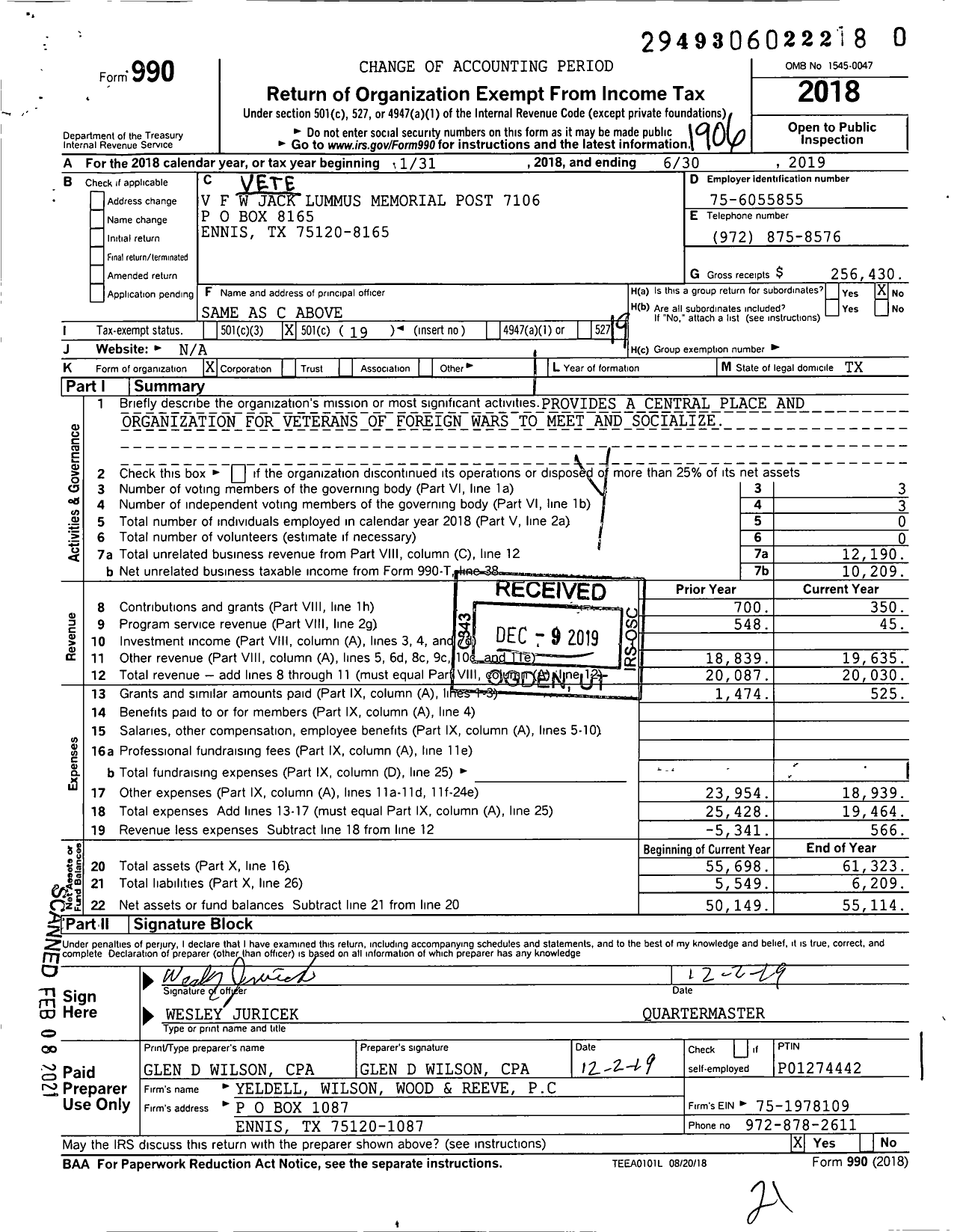 Image of first page of 2018 Form 990O for Texas VFW - 7106 Jack Lummus Memorial