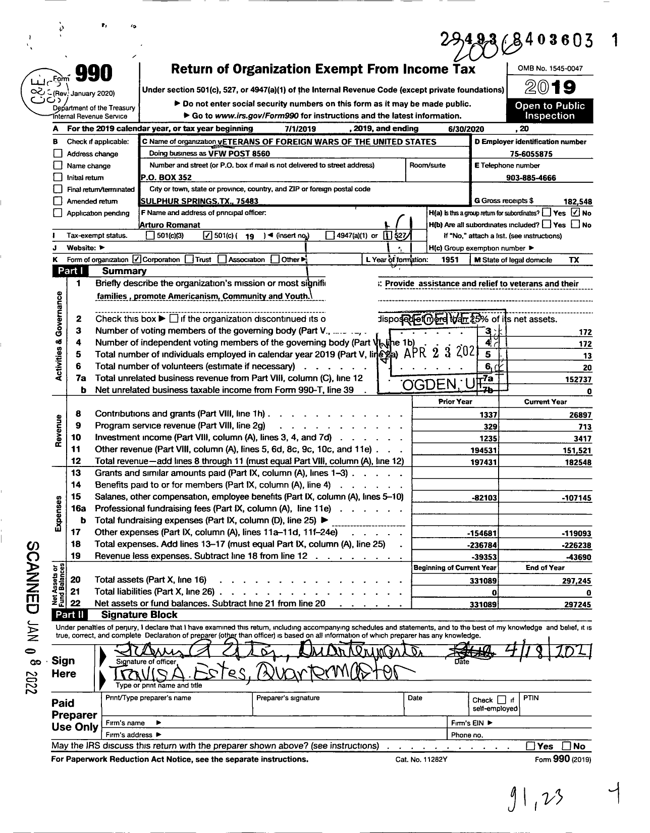 Image of first page of 2019 Form 990O for Texas VFW - Hopkins County VFW Post 8560