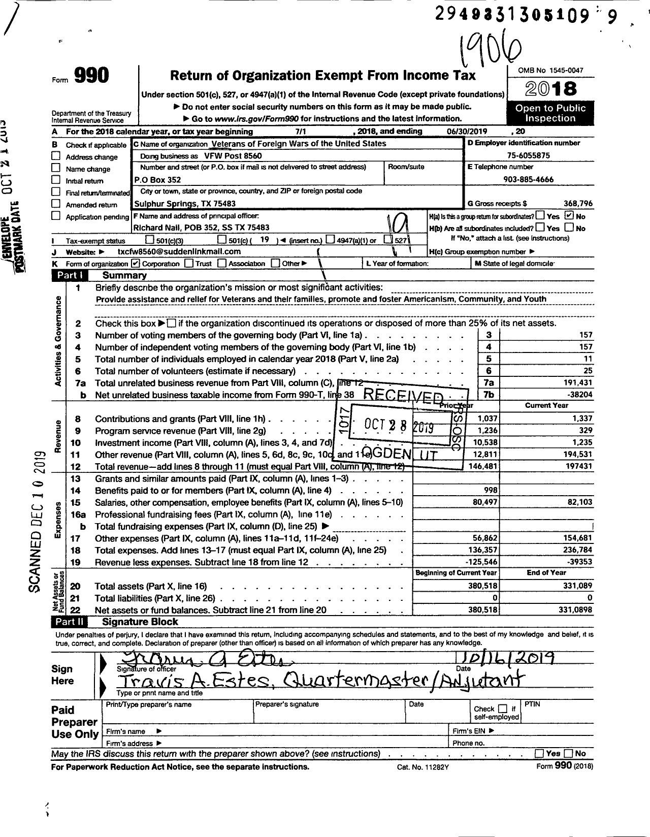 Image of first page of 2018 Form 990O for Texas VFW - Hopkins County VFW Post 8560