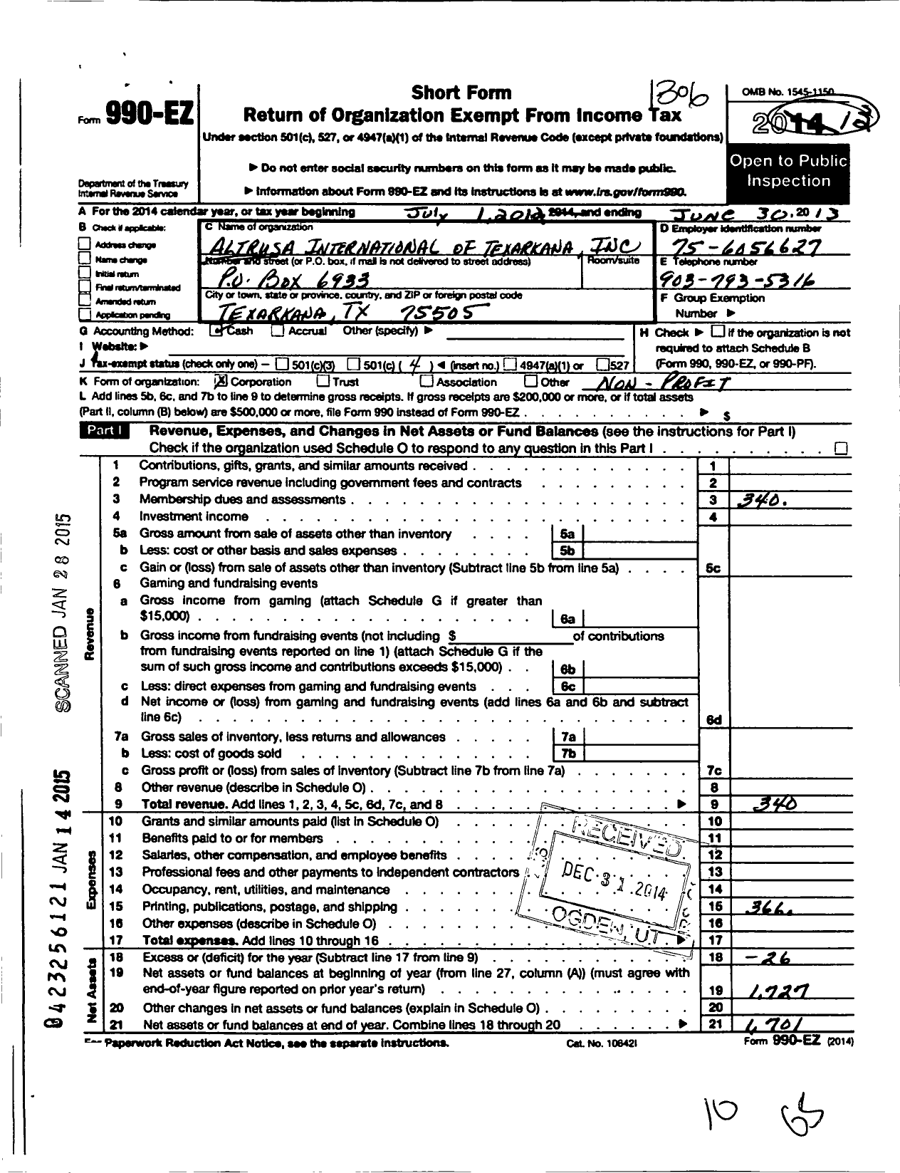 Image of first page of 2012 Form 990EO for Altrusa International / Texarkana