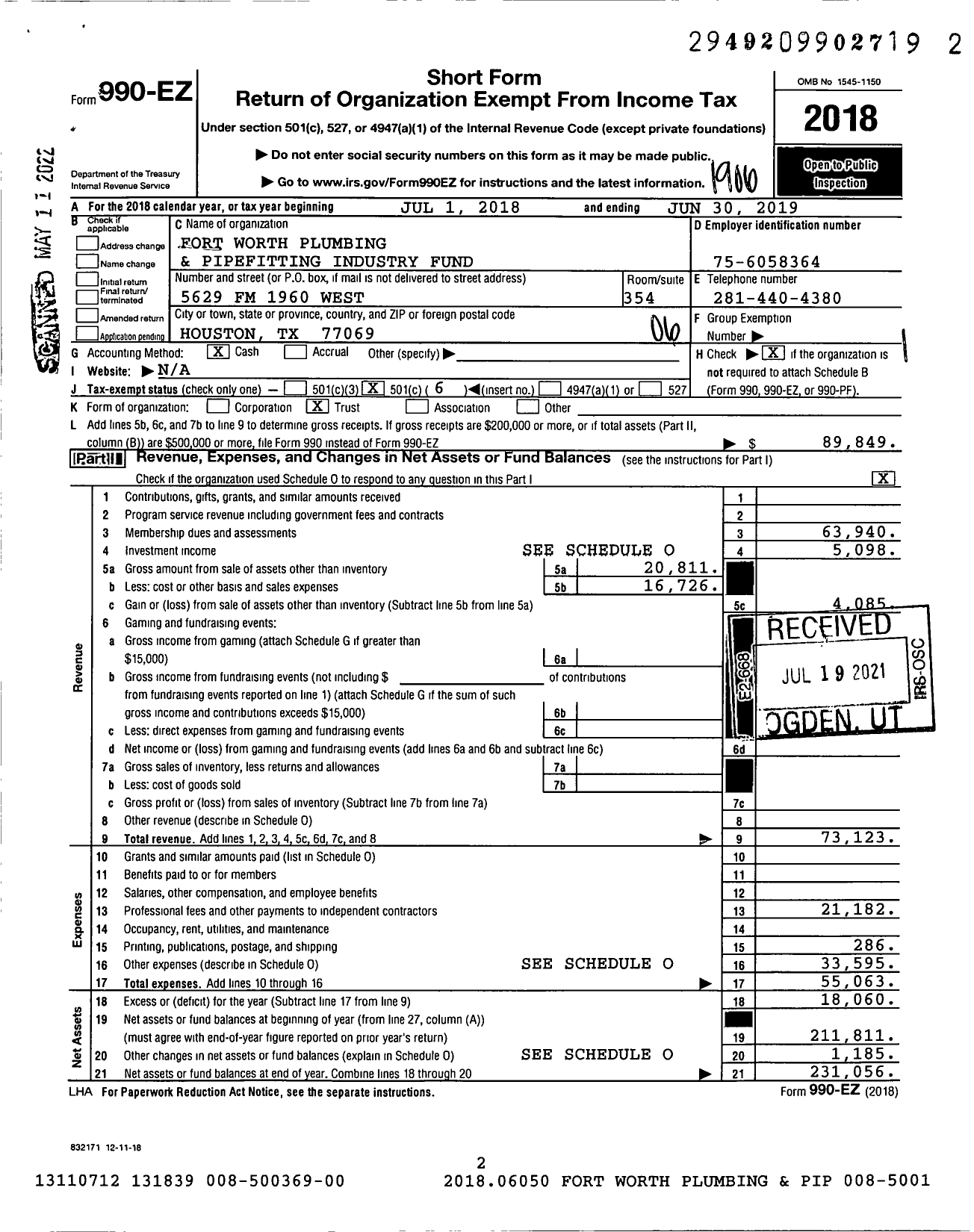 Image of first page of 2018 Form 990EO for Fort Worth Plumbing and Pipfitting Industry Fund