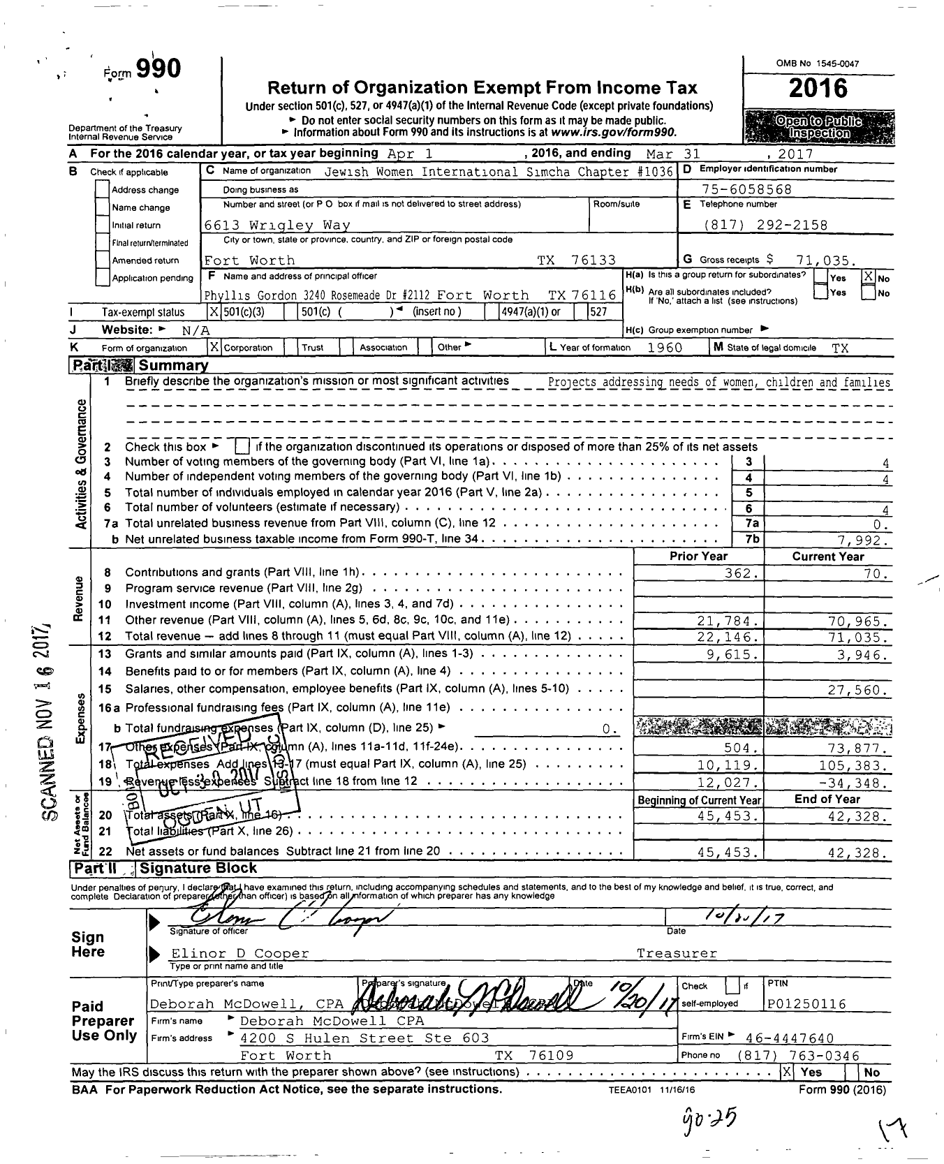 Image of first page of 2016 Form 990 for Jewish Women International Simcha Chapter #1036