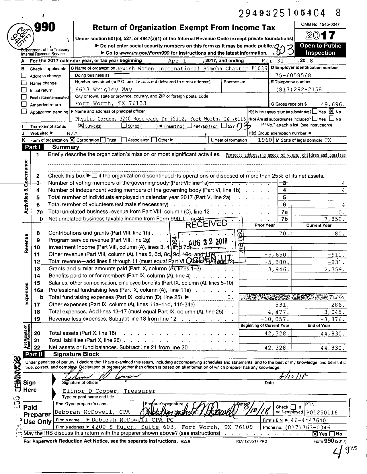 Image of first page of 2017 Form 990 for Jewish Women International Simcha Chapter #1036