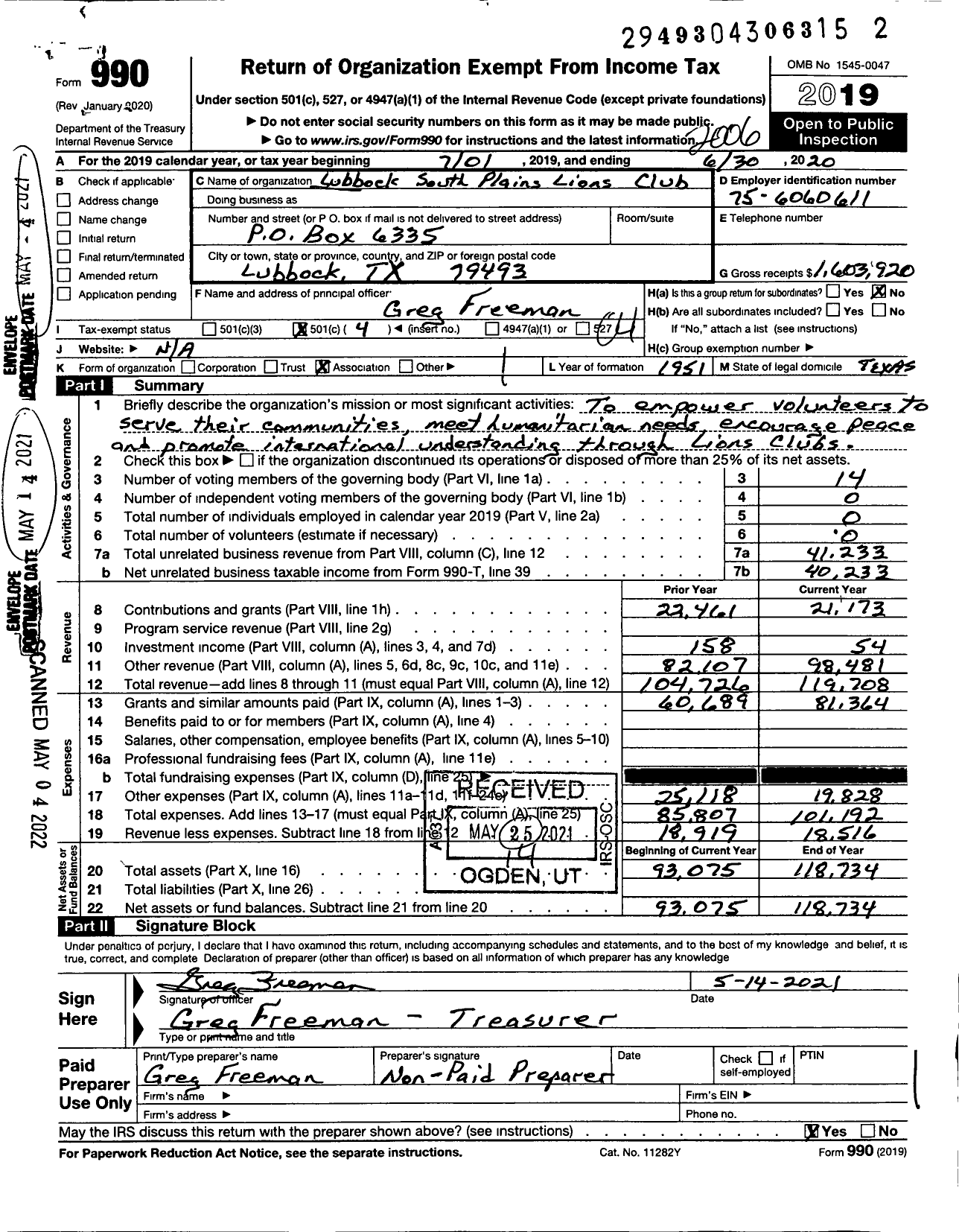 Image of first page of 2019 Form 990O for Lions Clubs - 740 Lubbock South Plains