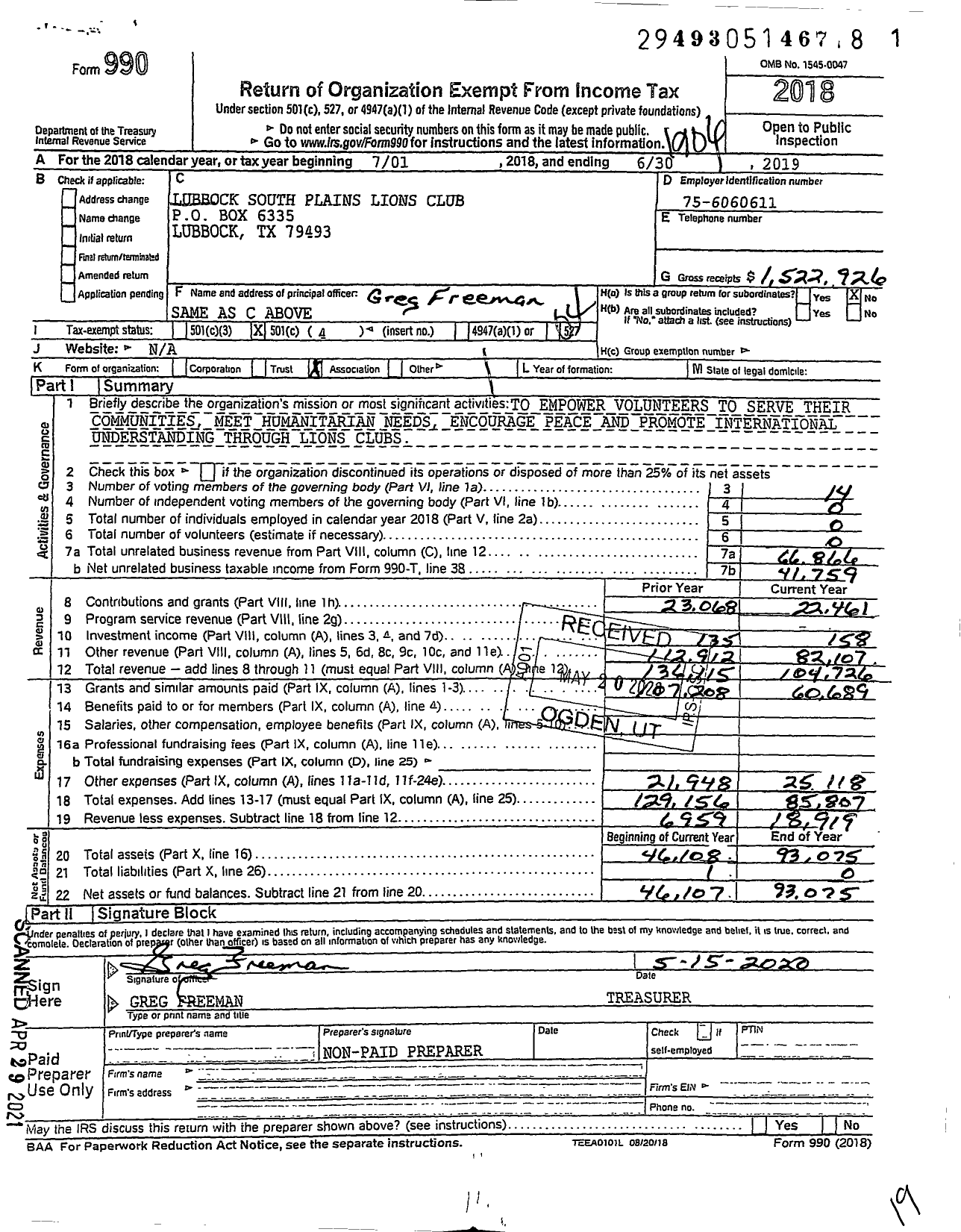 Image of first page of 2018 Form 990O for Lions Clubs - 740 Lubbock South Plains