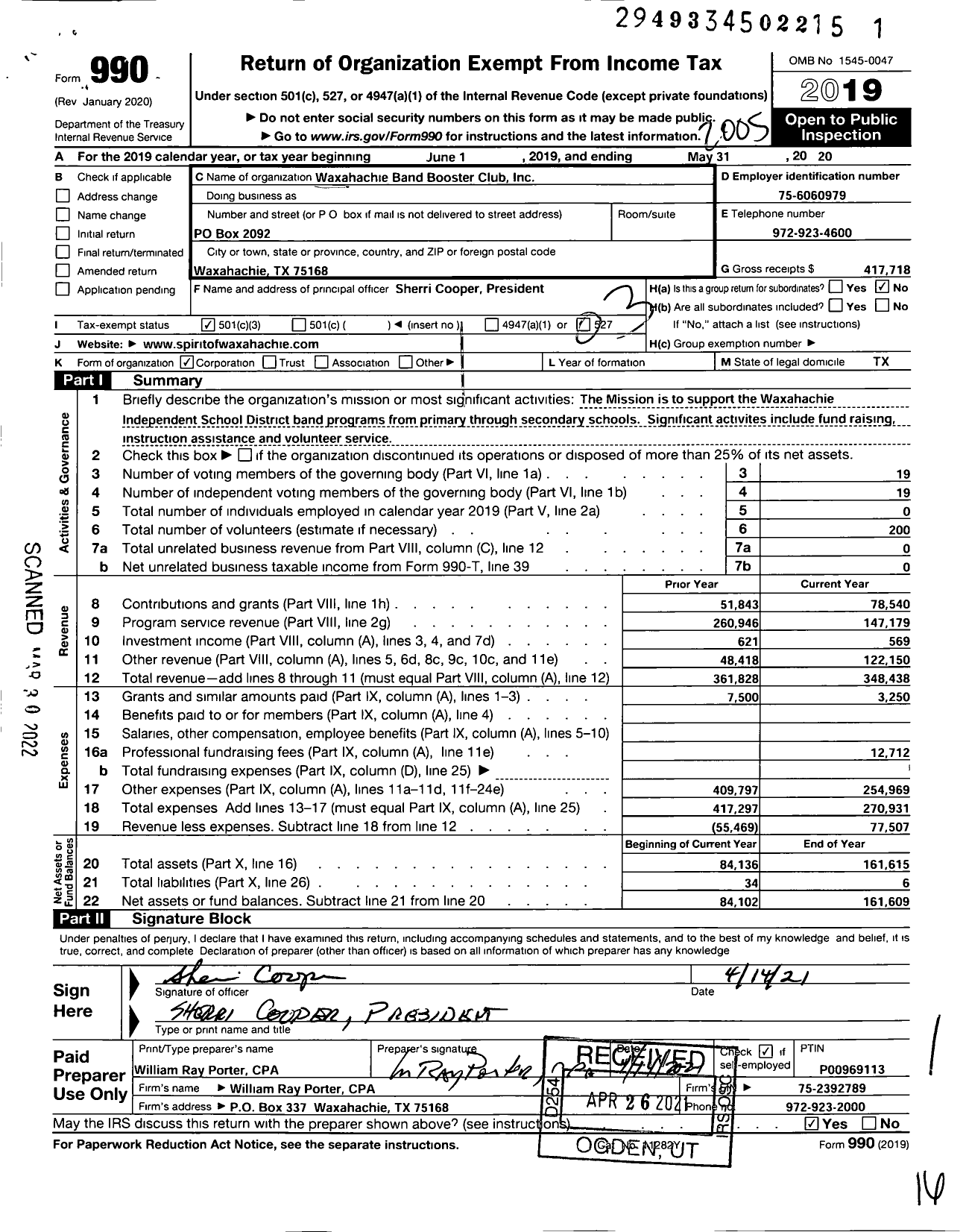 Image of first page of 2019 Form 990 for Waxahachie Band Booster Club