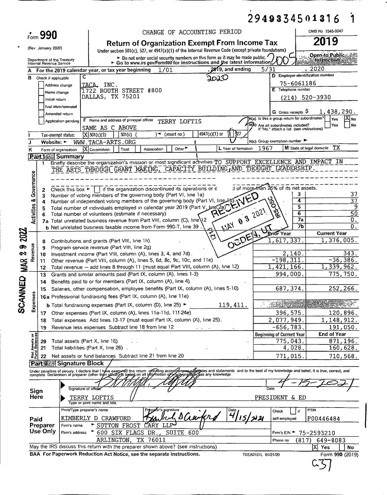 Image of first page of 2019 Form 990 for Taca