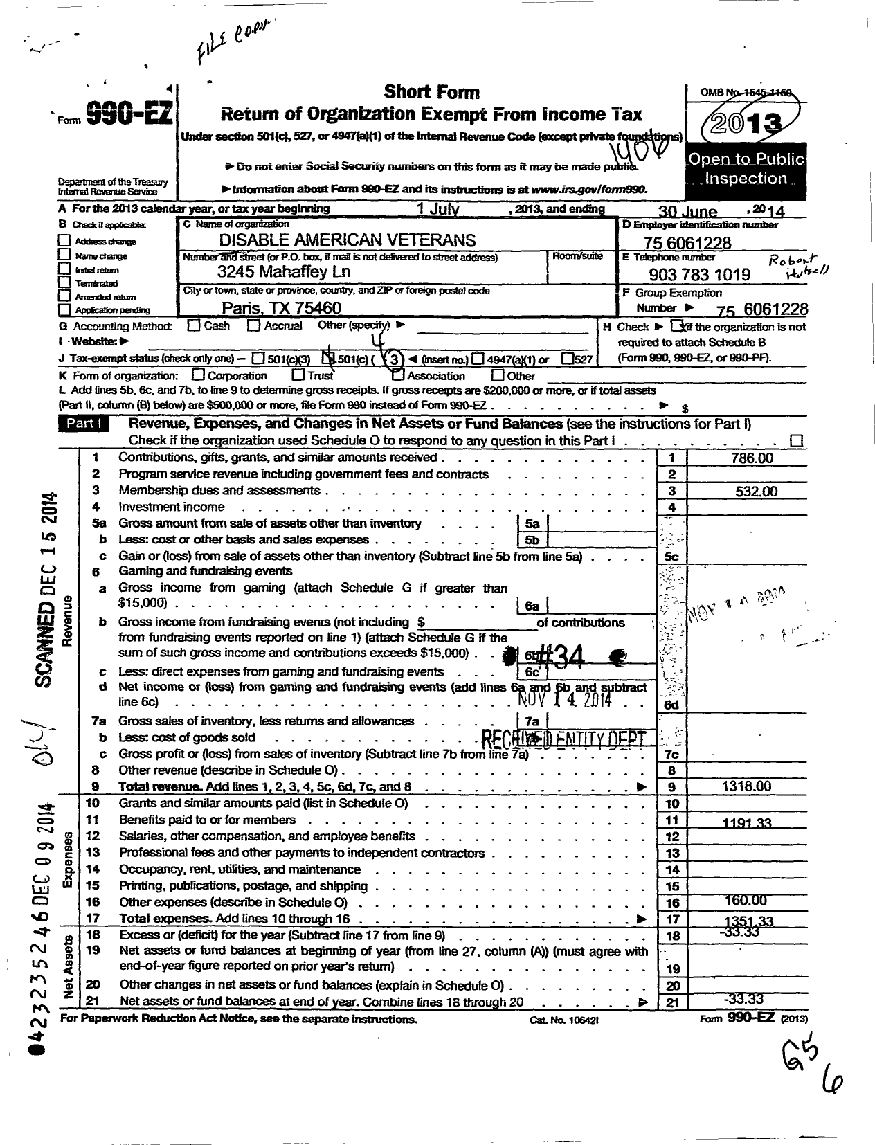 Image of first page of 2013 Form 990EO for Disabled American Veterans - 89 Paris