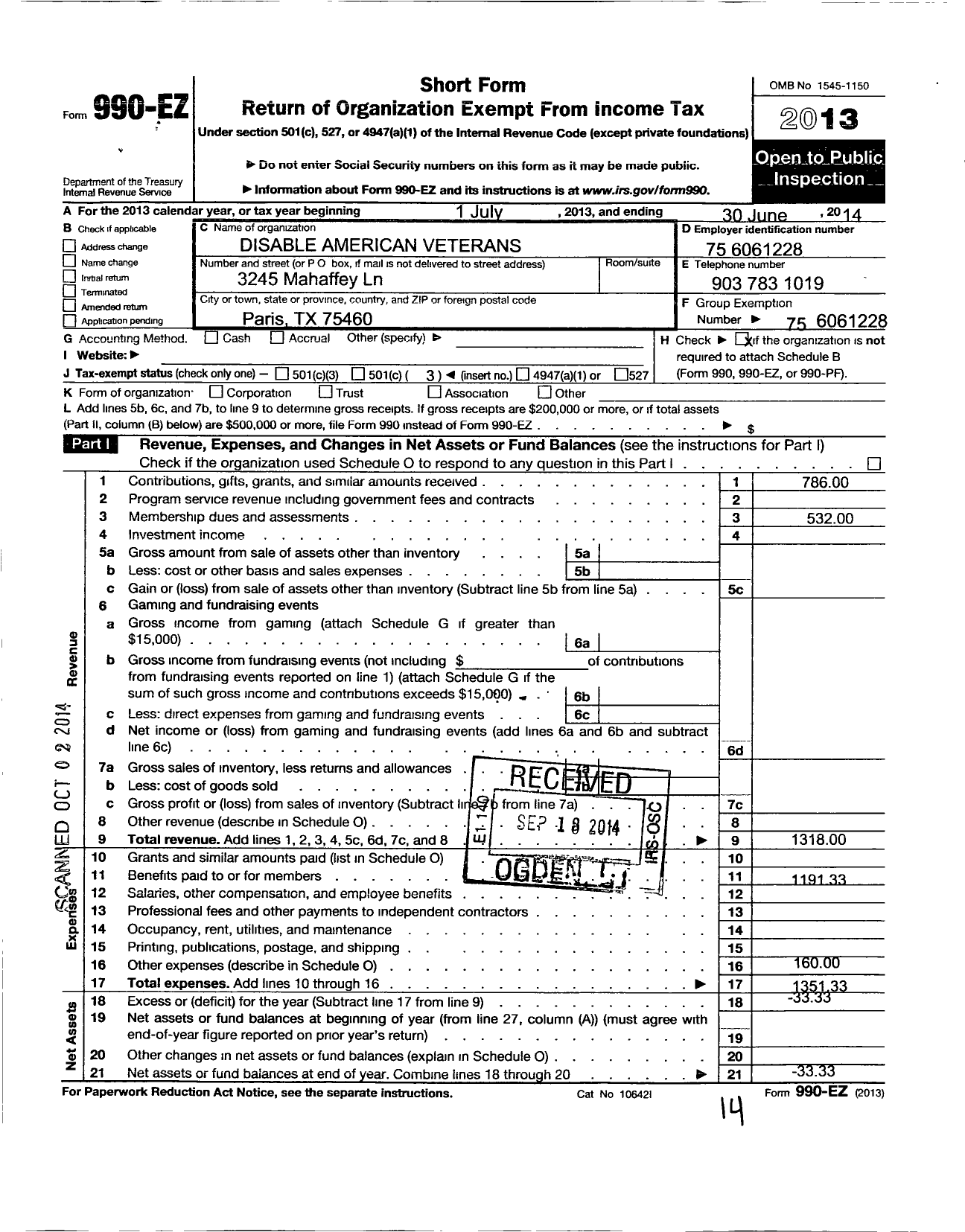 Image of first page of 2013 Form 990EZ for Disabled American Veterans - 89 Paris