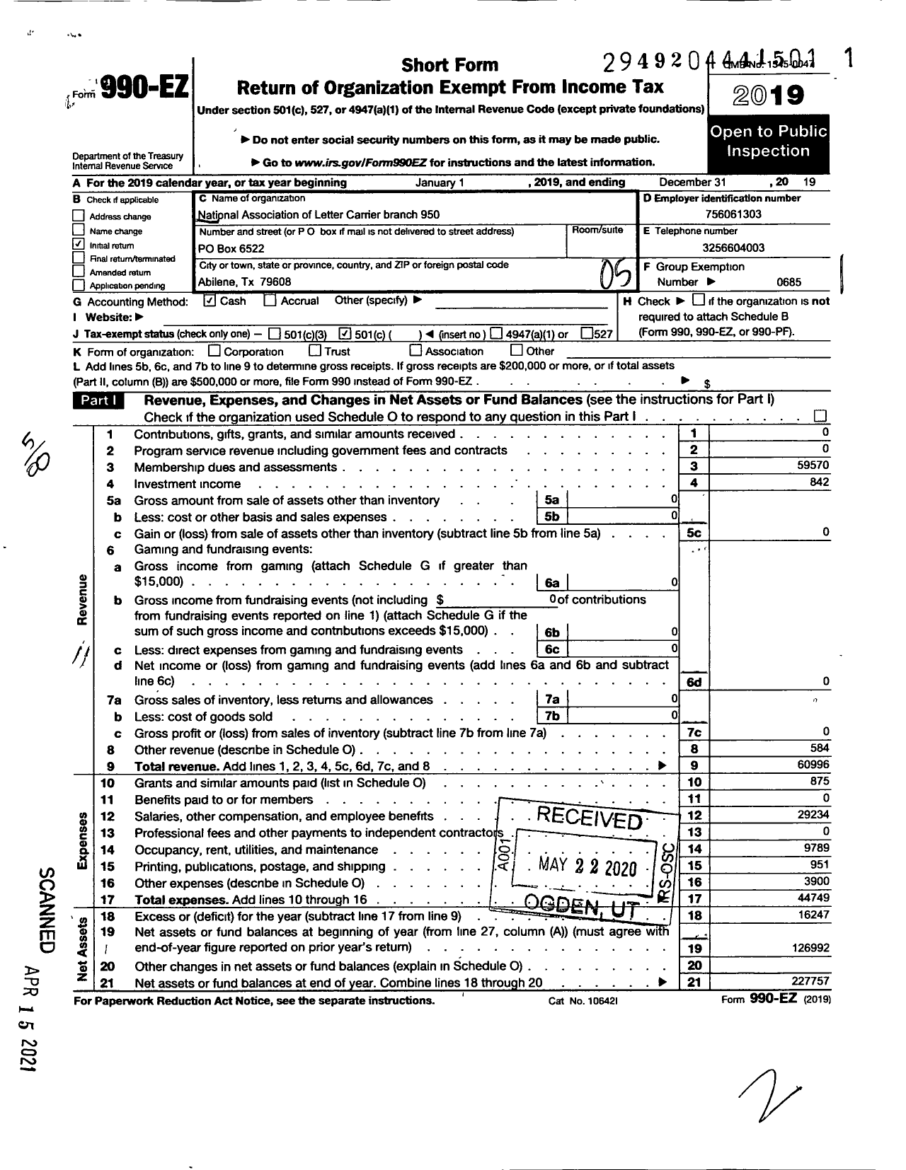 Image of first page of 2019 Form 990EO for National Association of Letter Carriers - 950 Abilene Texas