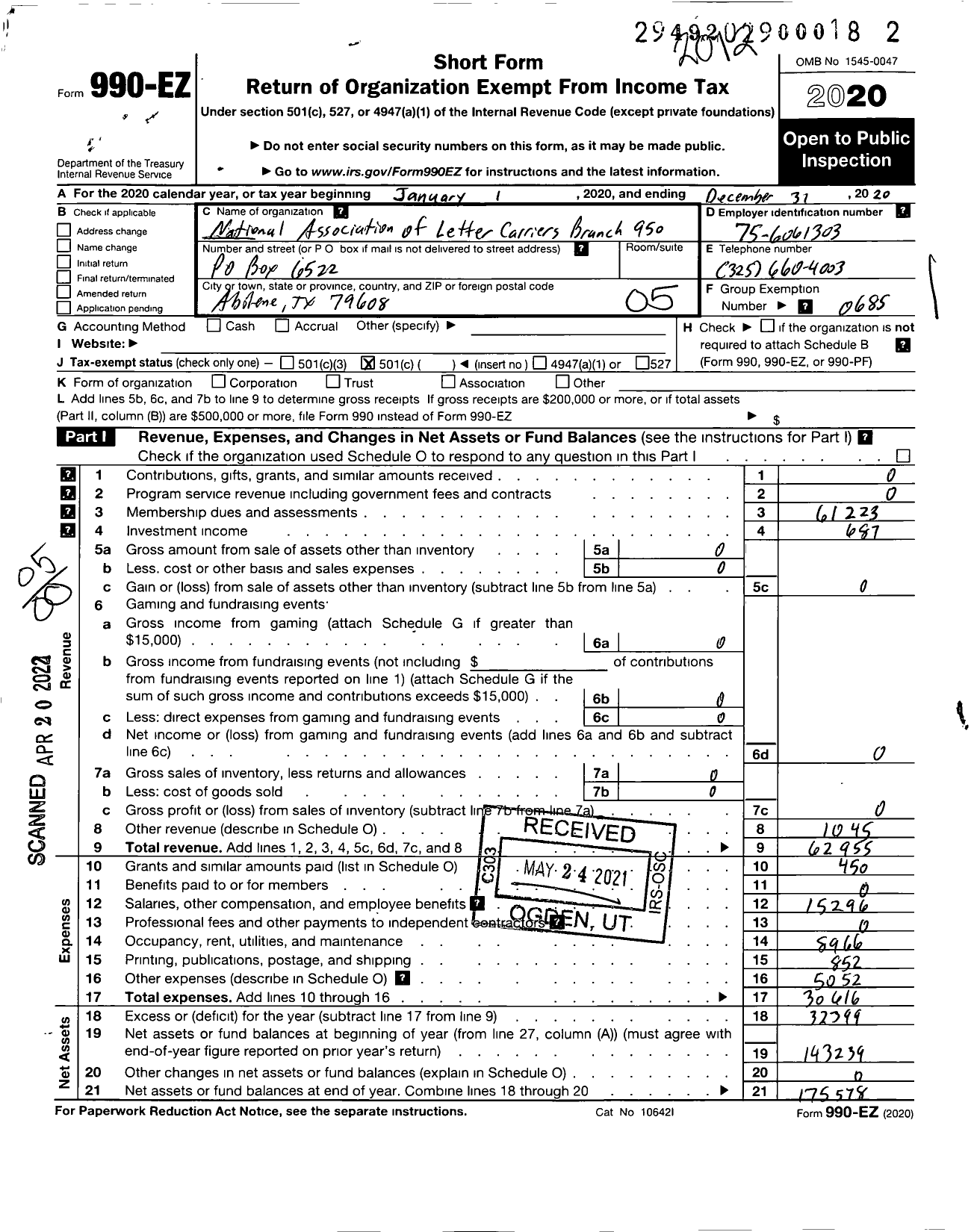 Image of first page of 2020 Form 990EO for National Association of Letter Carriers - 950 Abilene Texas