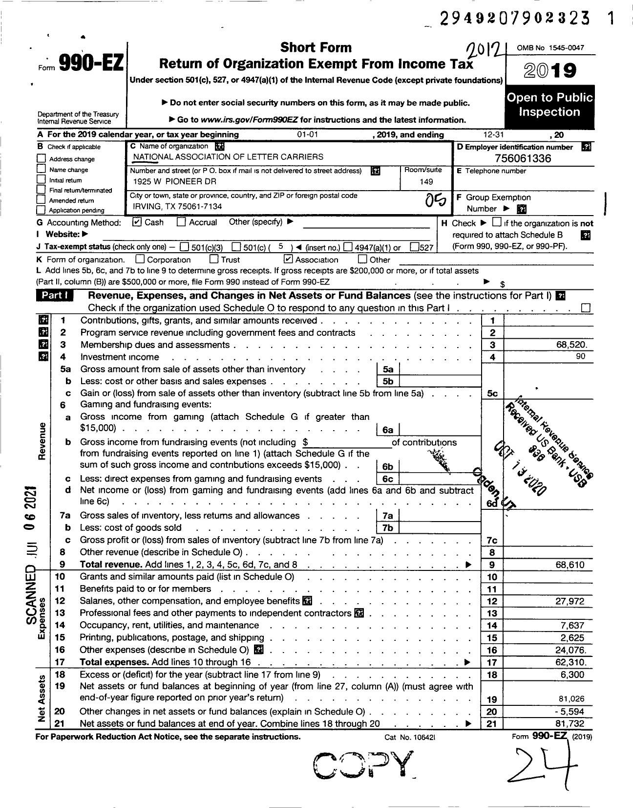 Image of first page of 2020 Form 990EO for National Association of Letter Carriers - 4240 Irving Texas