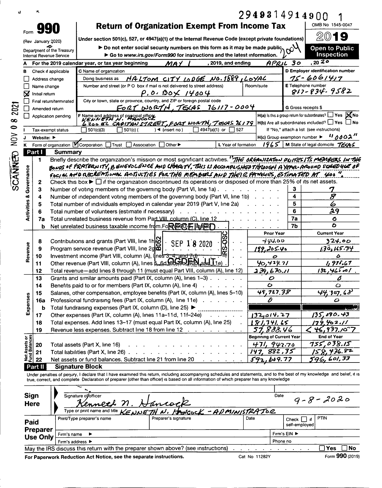 Image of first page of 2019 Form 990O for Loyal Order of Moose - 1889