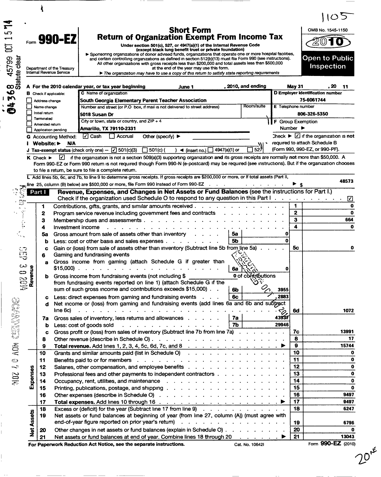 Image of first page of 2010 Form 990EZ for PTA Texas Congress / 0336 South Georgia Elementary