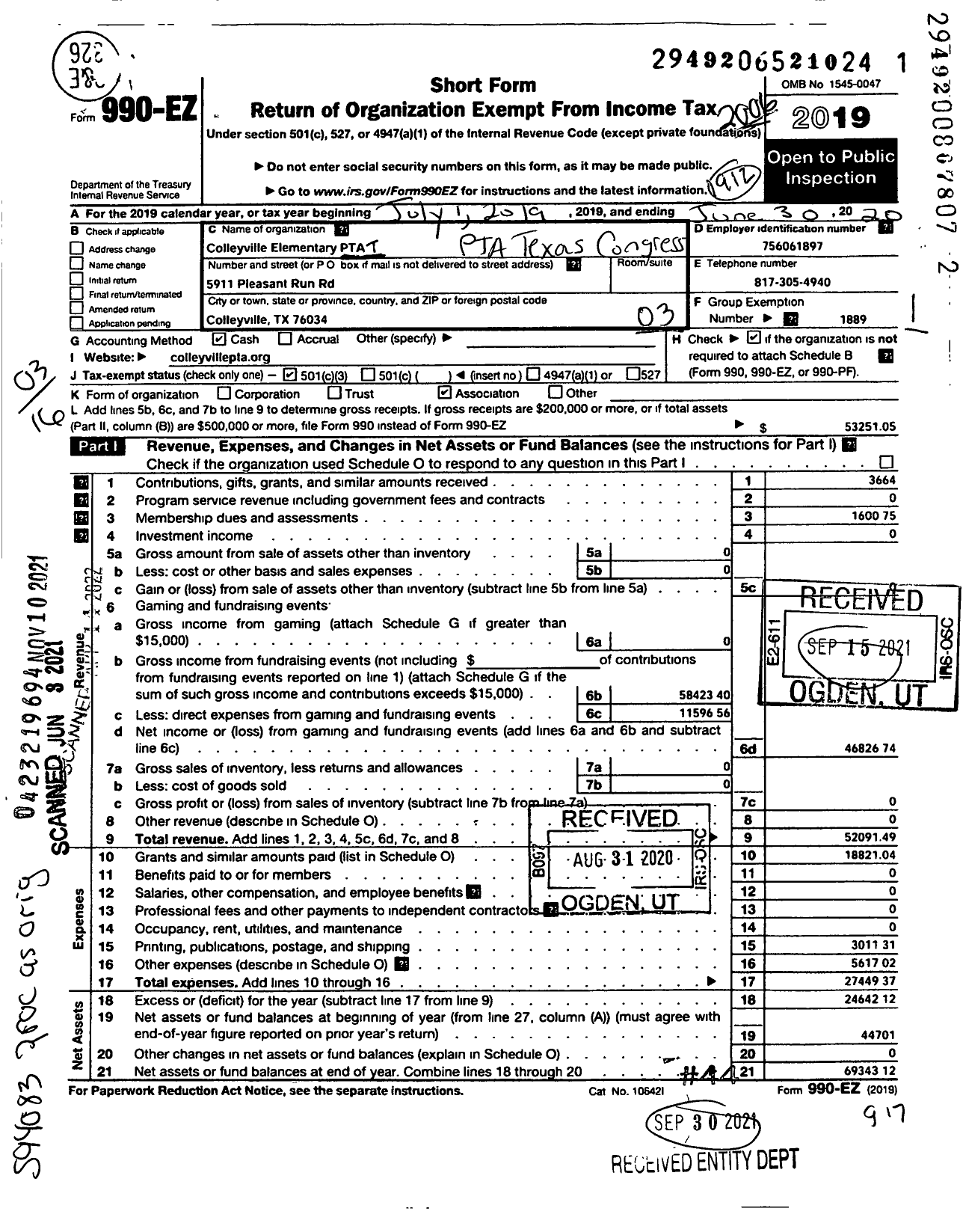 Image of first page of 2019 Form 990EZ for TEXAS PTA - 1600 Colleyville Elementary