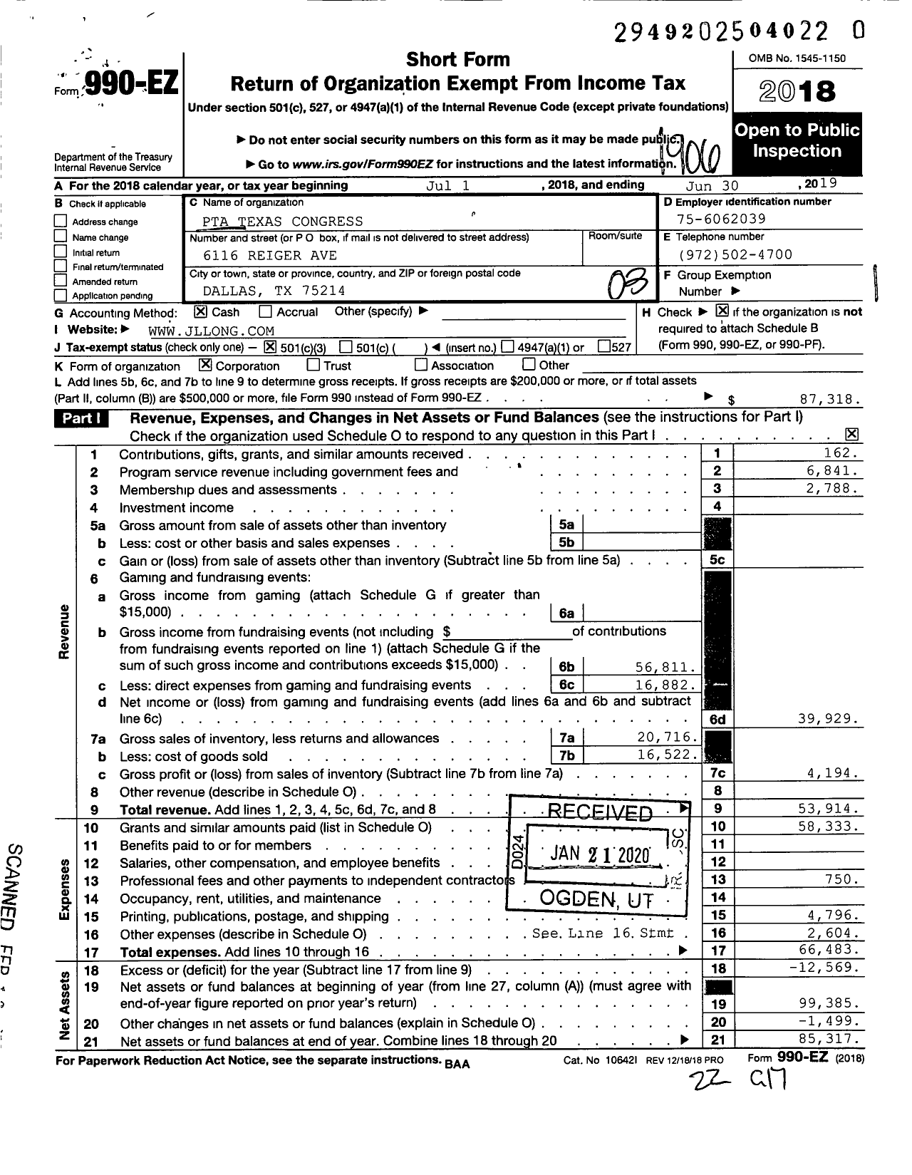 Image of first page of 2018 Form 990EZ for Texas PTA - JL Long Middle School PTA