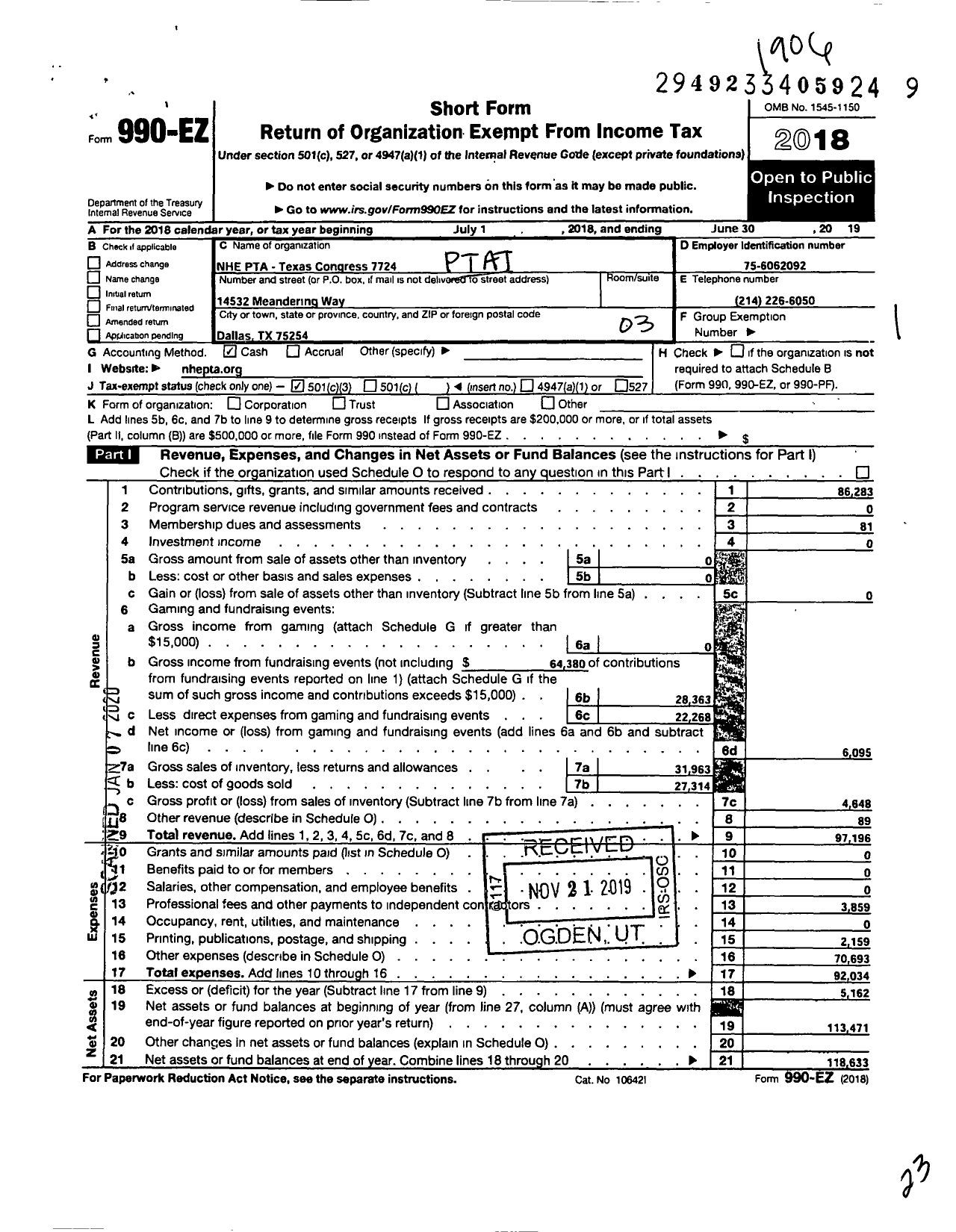 Image of first page of 2018 Form 990EZ for Texas PTA - 7724 Northwood Hills Elementary