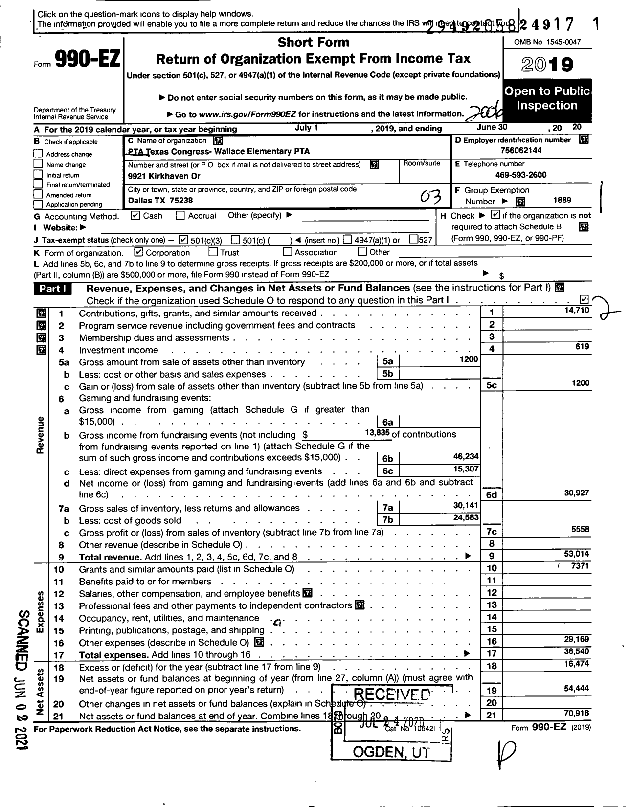 Image of first page of 2019 Form 990EZ for Texas PTA - 7792 Wallace Elementary