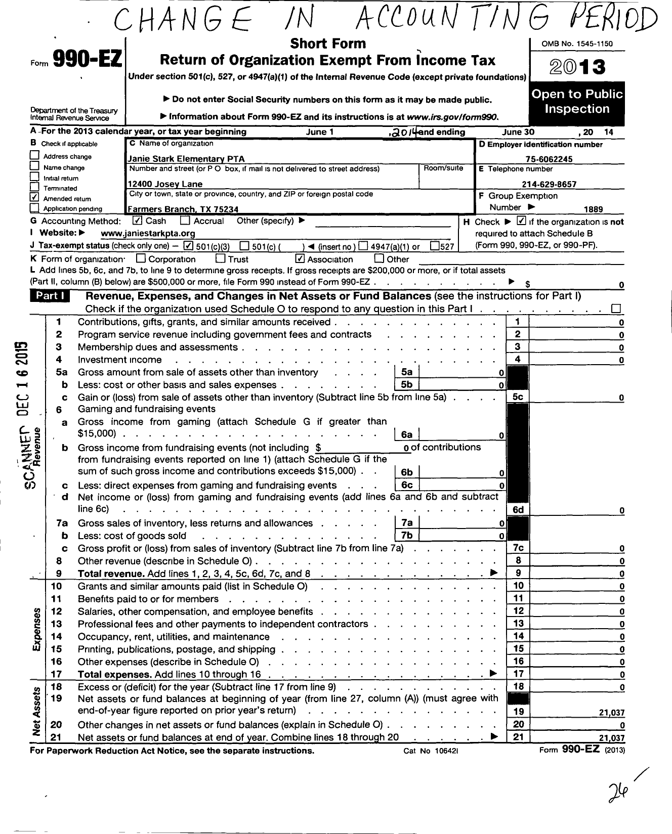 Image of first page of 2013 Form 990EZ for Texas PTA - 3400 Janie Stark Elementary