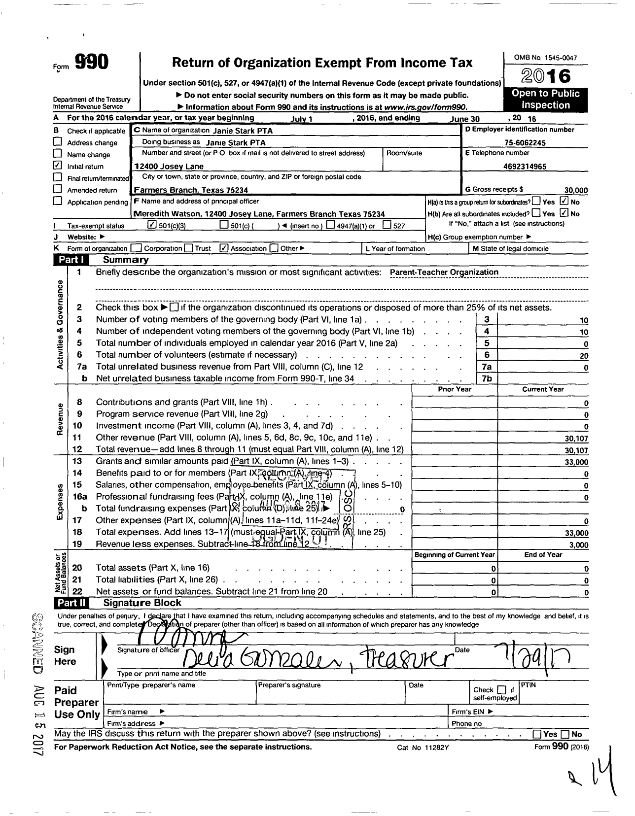 Image of first page of 2015 Form 990 for Texas PTA - 3400 Janie Stark Elementary