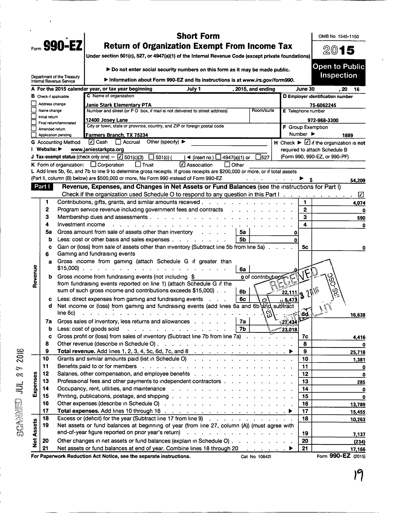 Image of first page of 2015 Form 990EZ for Texas PTA - 3400 Janie Stark Elementary