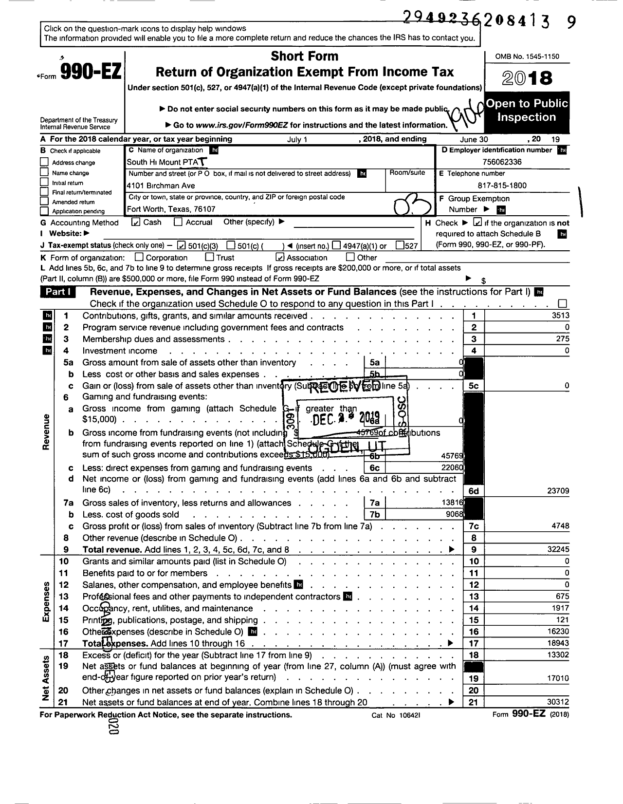 Image of first page of 2018 Form 990EZ for Texas PTA - 3812 South Hi Mount Elementary