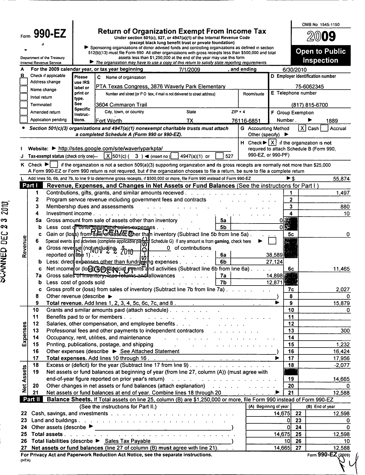 Image of first page of 2009 Form 990EZ for Texas PTA - 3876 Waverly Park Elementary