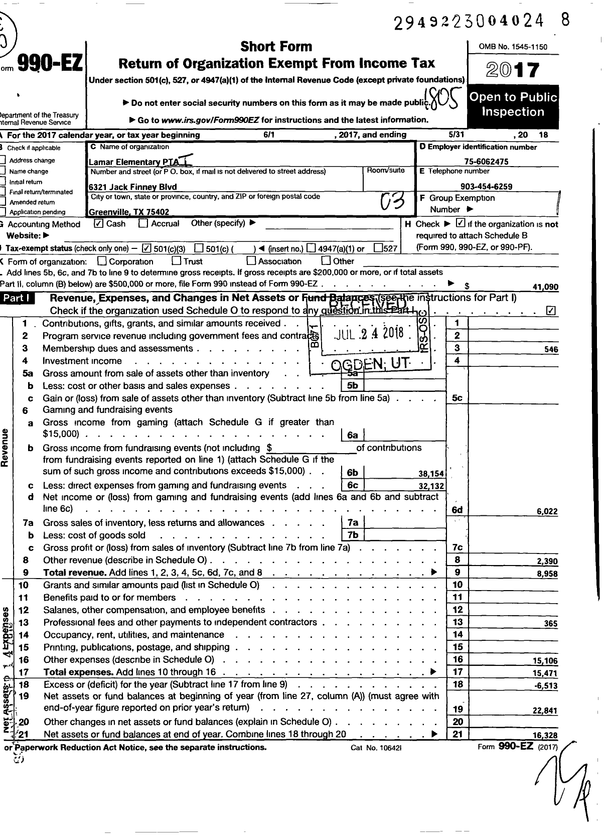 Image of first page of 2017 Form 990EZ for Texas PTA - 4444 Lamar Elementary