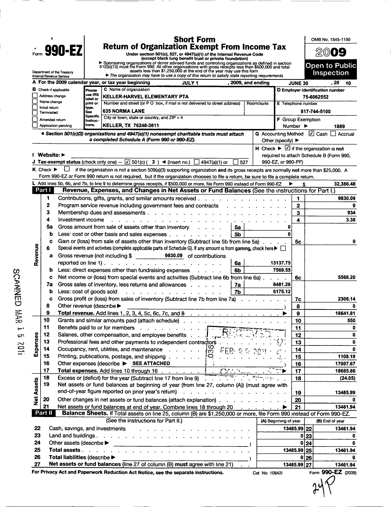 Image of first page of 2009 Form 990EZ for TEXAS PTA - 5712 Keller-Harvel PTA