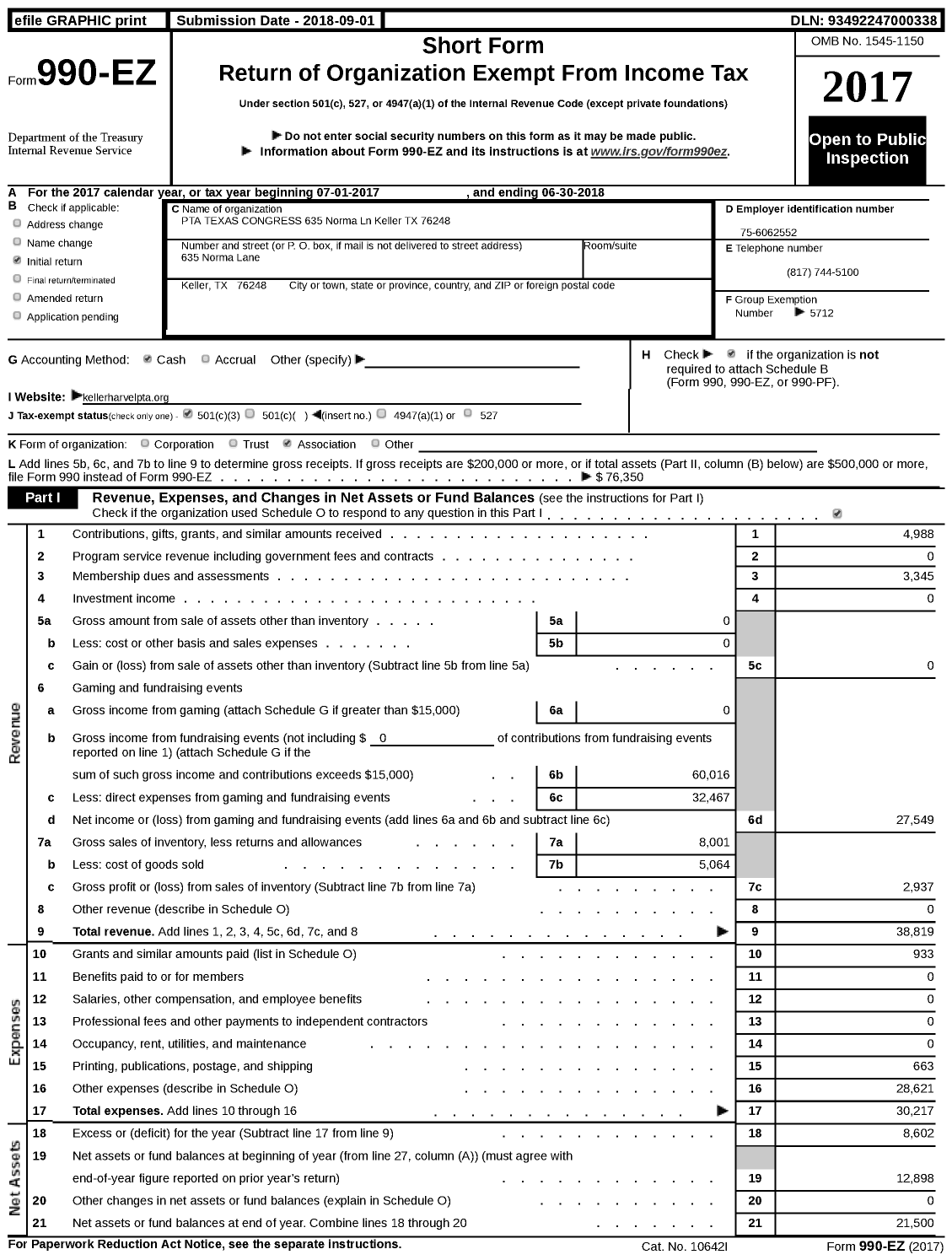 Image of first page of 2017 Form 990EZ for TEXAS PTA - 5712 Keller-Harvel PTA