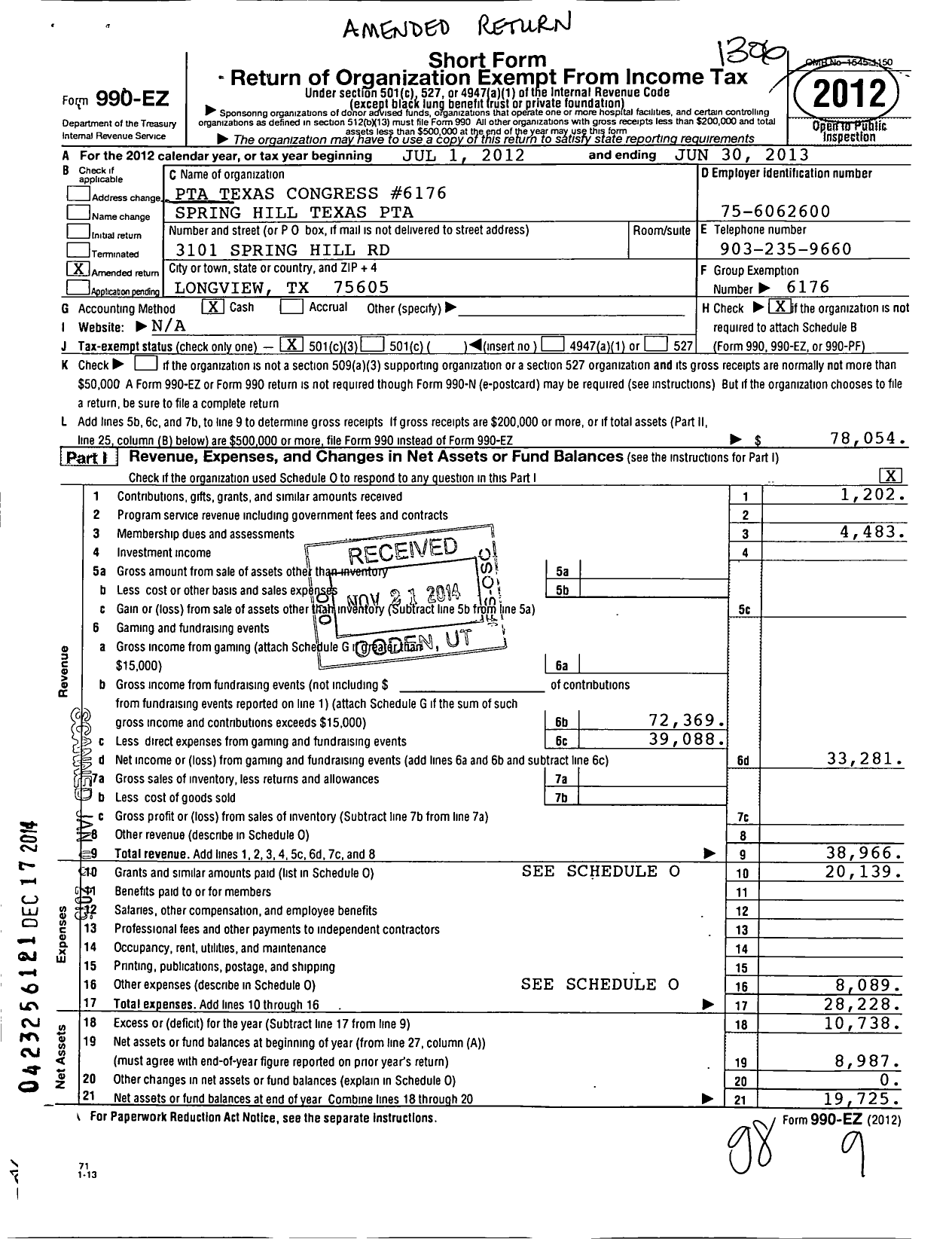 Image of first page of 2012 Form 990EZ for Texas PTA - 6176 Spring Hill