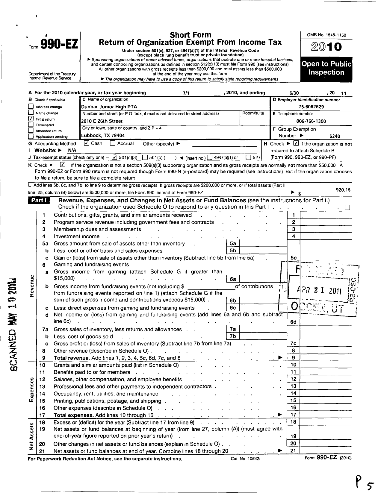 Image of first page of 2010 Form 990EZ for Texas PTA - 6240 Dunbar Junior High