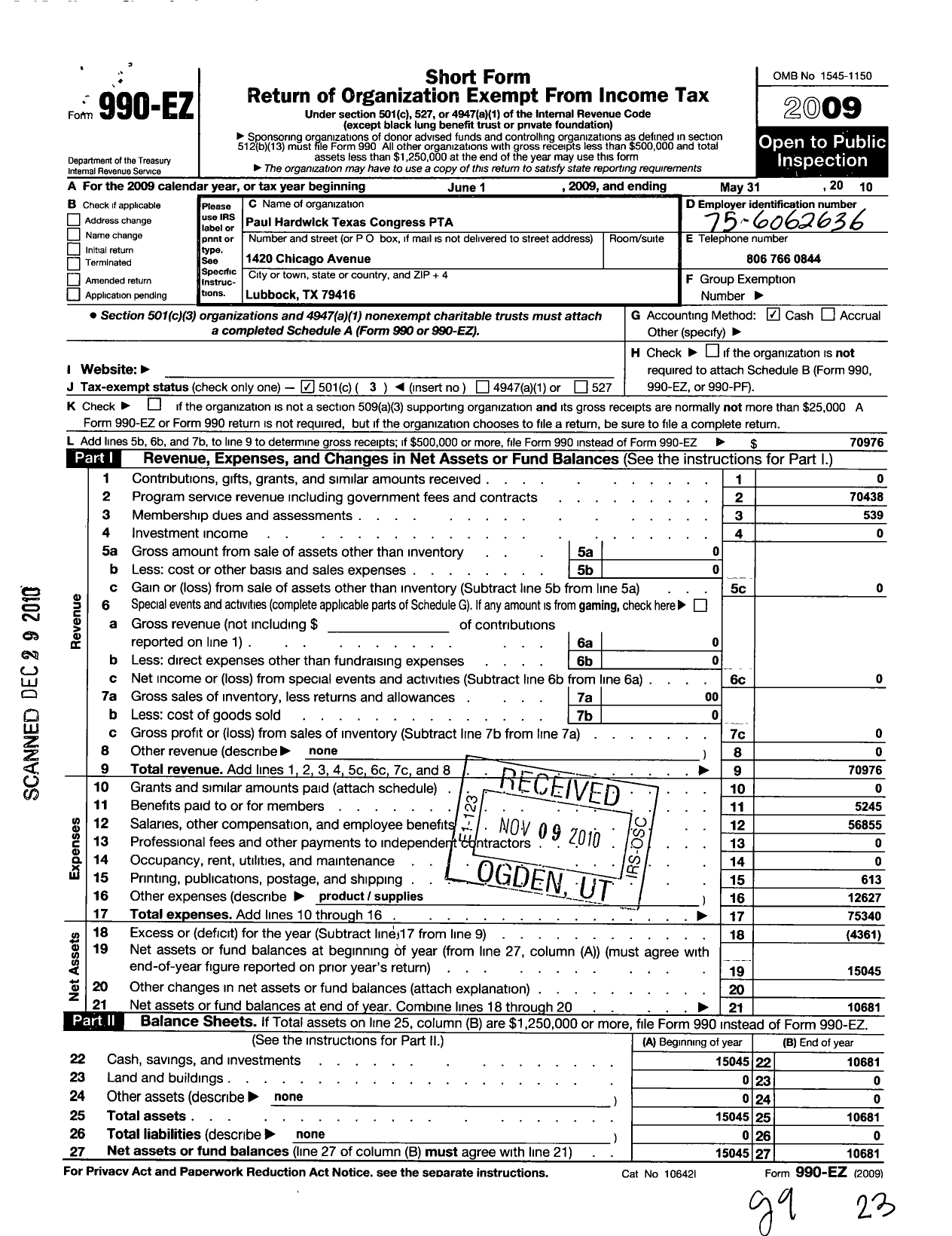 Image of first page of 2009 Form 990EZ for Texas PTA - 6256 Paul Hardwick Elementary