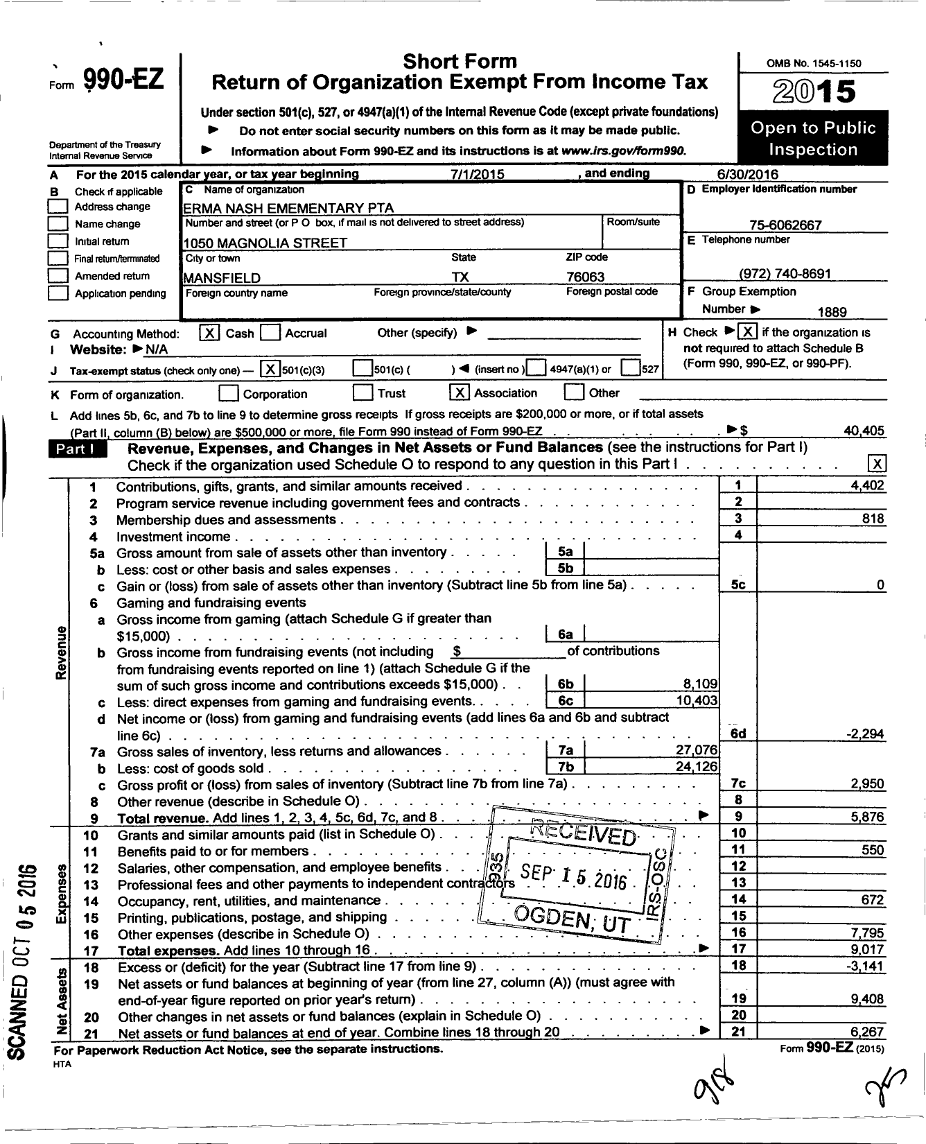 Image of first page of 2015 Form 990EZ for Texas PTA - 6488 Erma Nash Elementary School