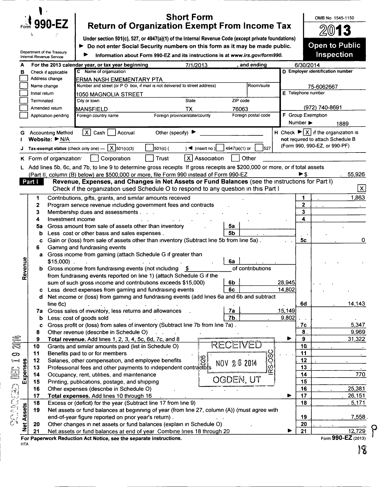 Image of first page of 2013 Form 990EZ for Texas PTA - 6488 Erma Nash Elementary School