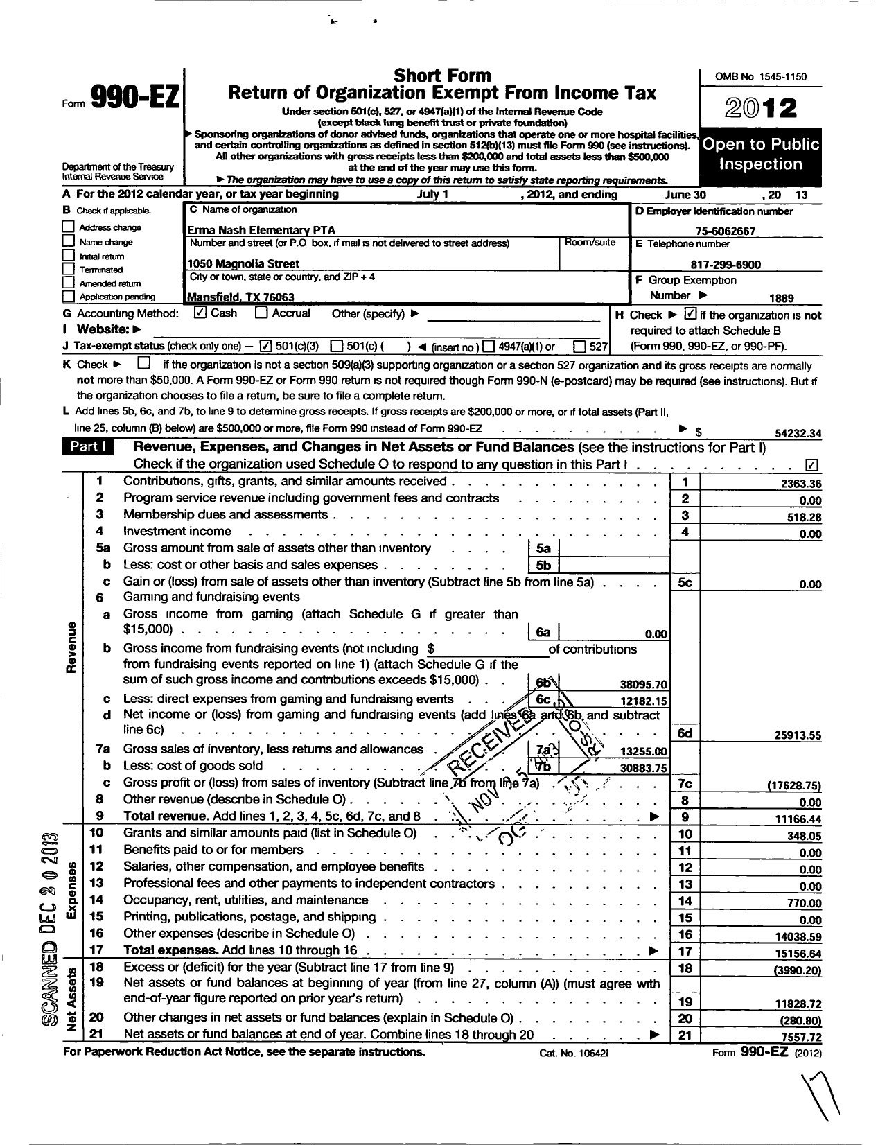 Image of first page of 2012 Form 990EZ for Texas PTA - 6488 Erma Nash Elementary School