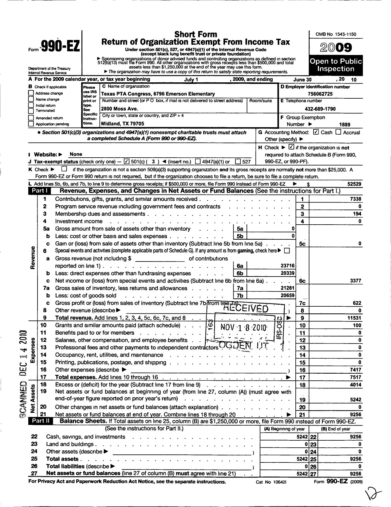 Image of first page of 2009 Form 990EZ for Texas PTA - 6796 Emerson Elementary