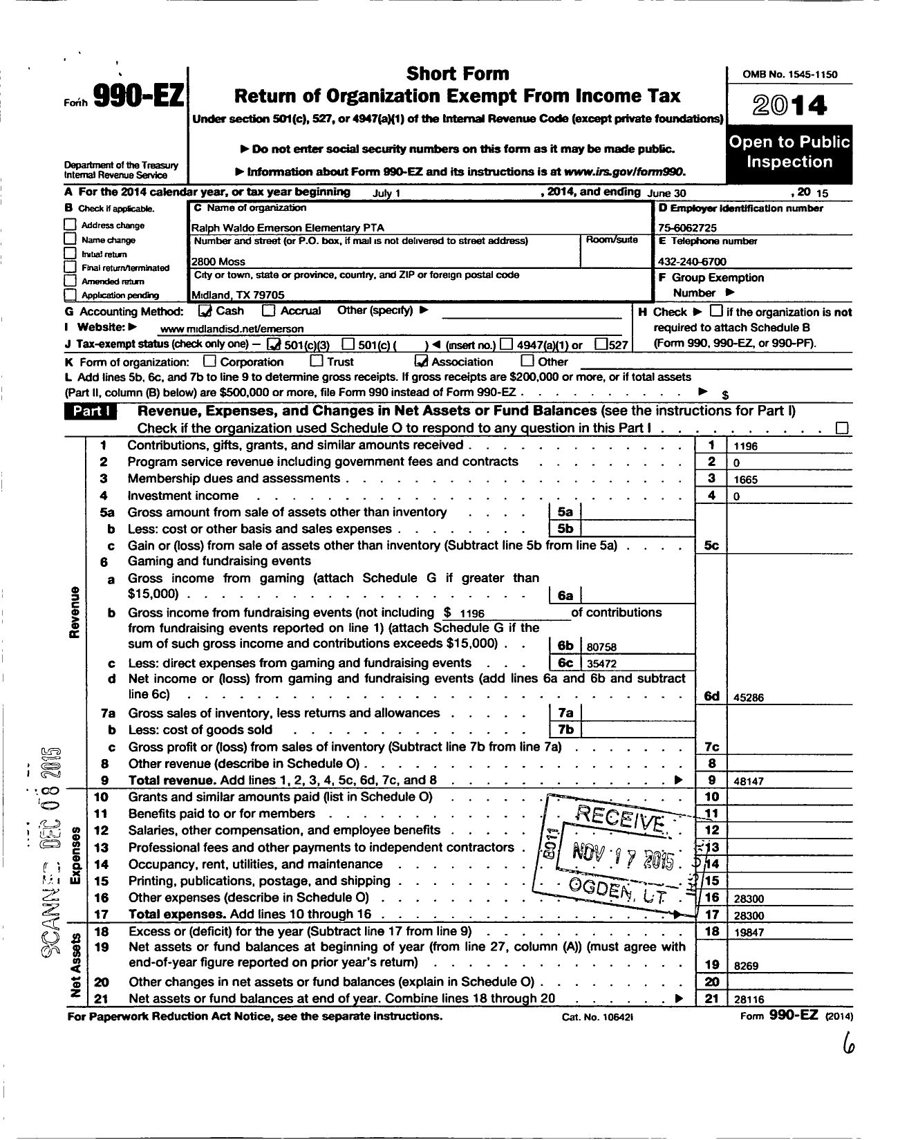 Image of first page of 2014 Form 990EZ for Texas PTA - 6796 Emerson Elementary