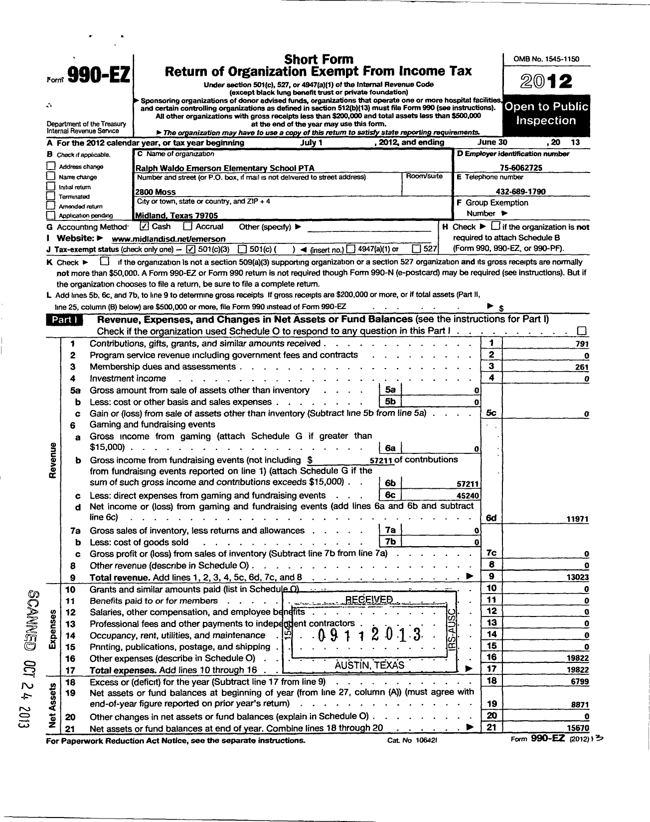 Image of first page of 2012 Form 990EZ for Texas PTA - 6796 Emerson Elementary