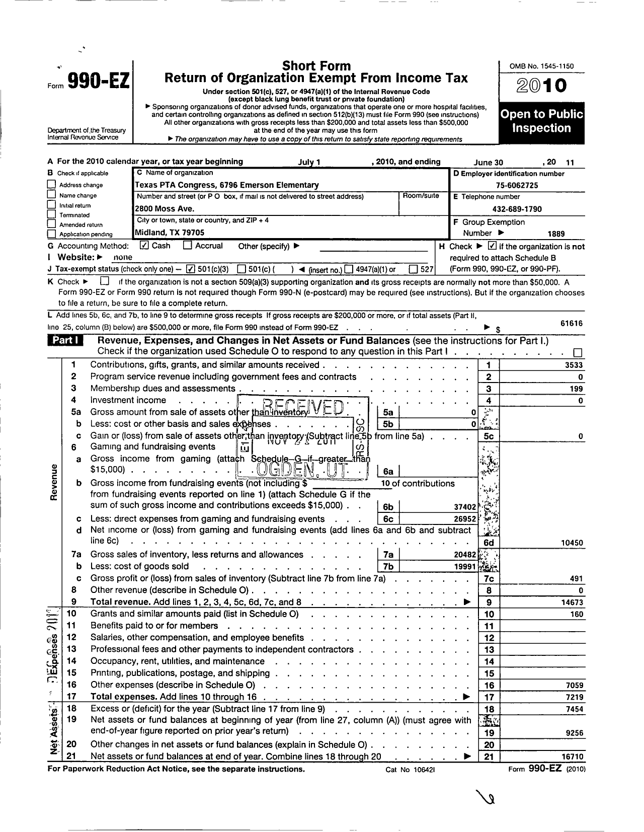 Image of first page of 2010 Form 990EZ for Texas PTA - 6796 Emerson Elementary